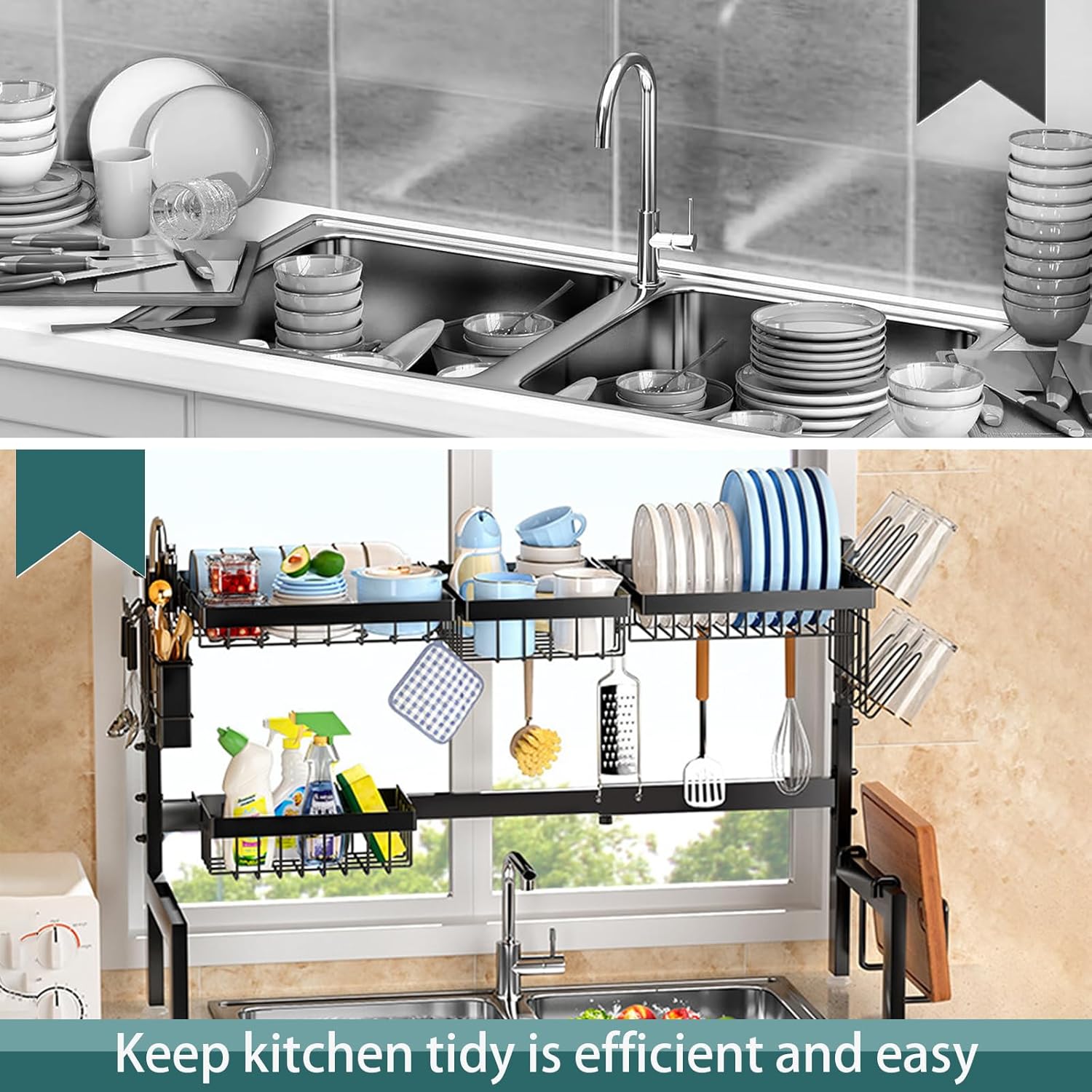 CARLA HOME Adjustable Over the Sink Dish Drying Rack with Utensil Holder, Hooks & Cutting Board Rack for Kitchen Counter Storage