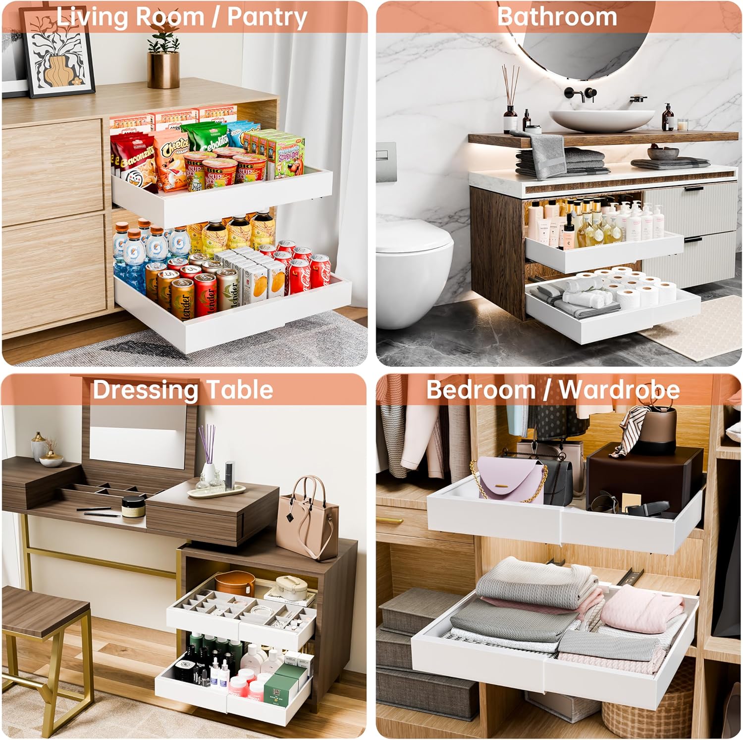 CARLA HOME 2 Pack Pull Out Cabinet Organizer Expandable for Cabinets with Adjustable Slide Out Shelves and Easy Installation (White)