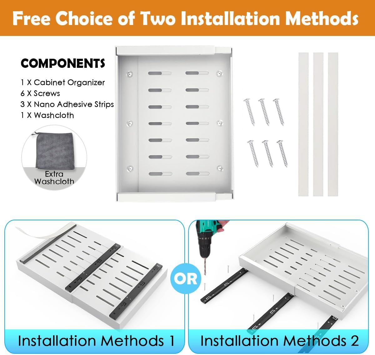 CARLA HOME 2 Pack Pull Out Cabinet Organizer Expandable for Cabinets with Adjustable Slide Out Shelves and Easy Installation (White)