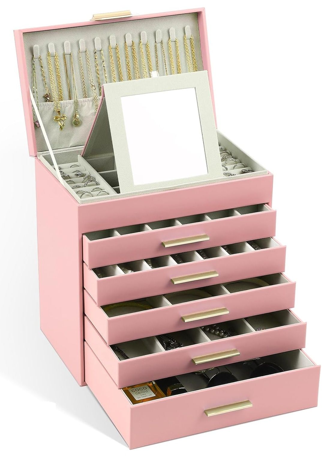 Pink 6-layer jewelry organizer box with mirror, drawers, hooks and dividers