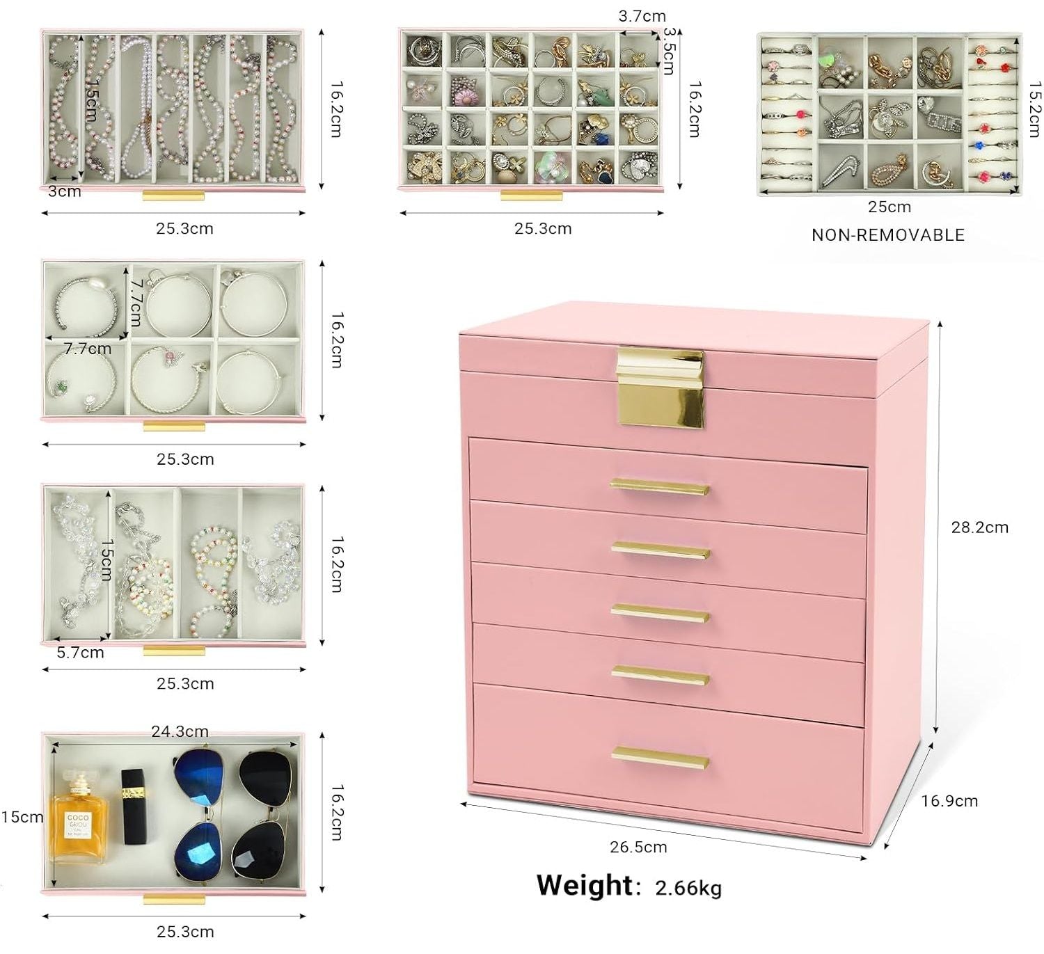 Pink jewelry organizer box with five stacked drawers and front handles