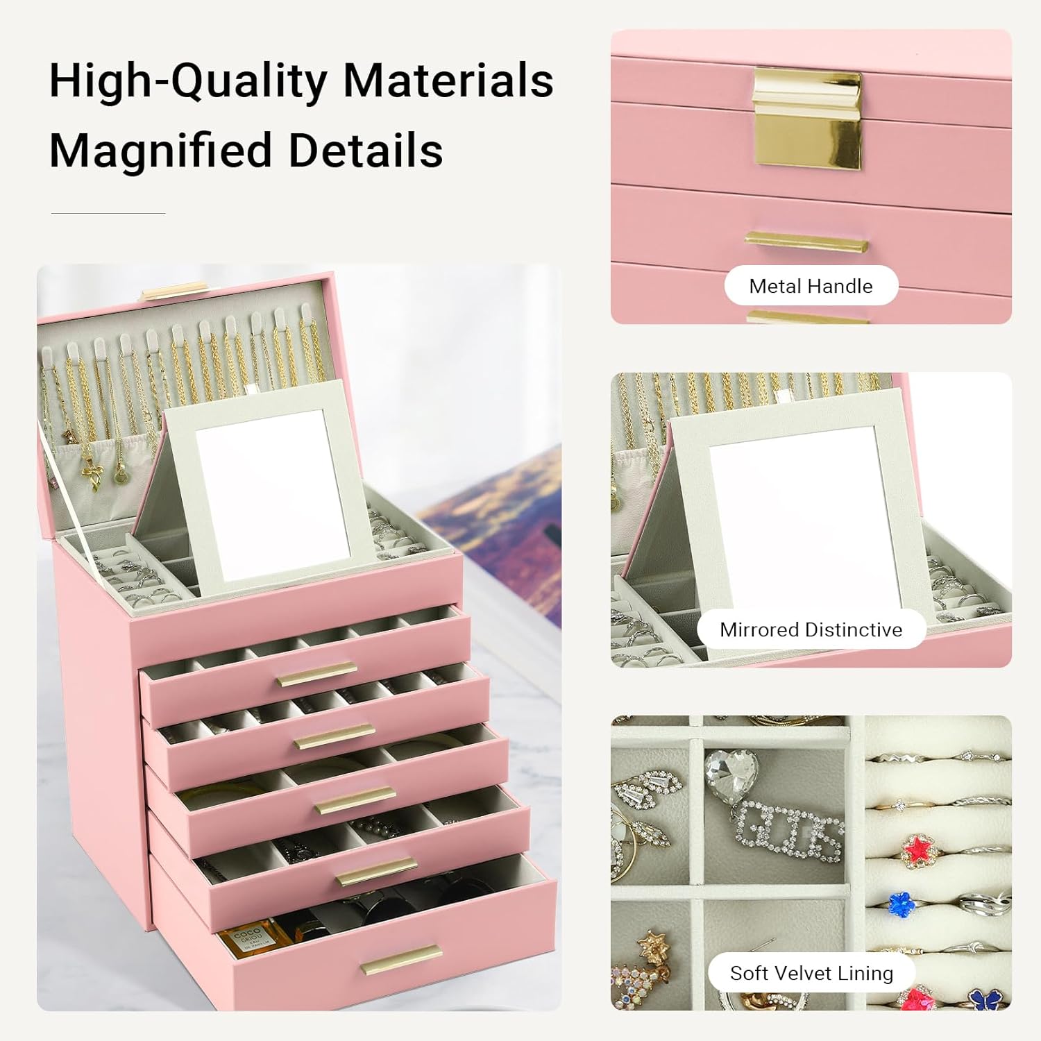 Pink jewelry organizer with mirrored compartment, metal handle, velvet-lined slots