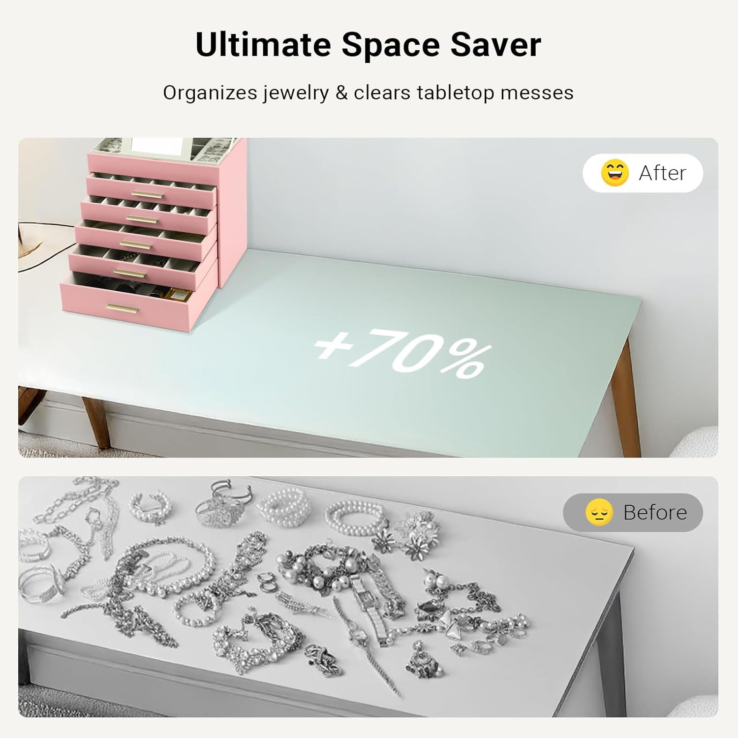 Pink jewelry organizer box with stacked drawers, mirror compartment open