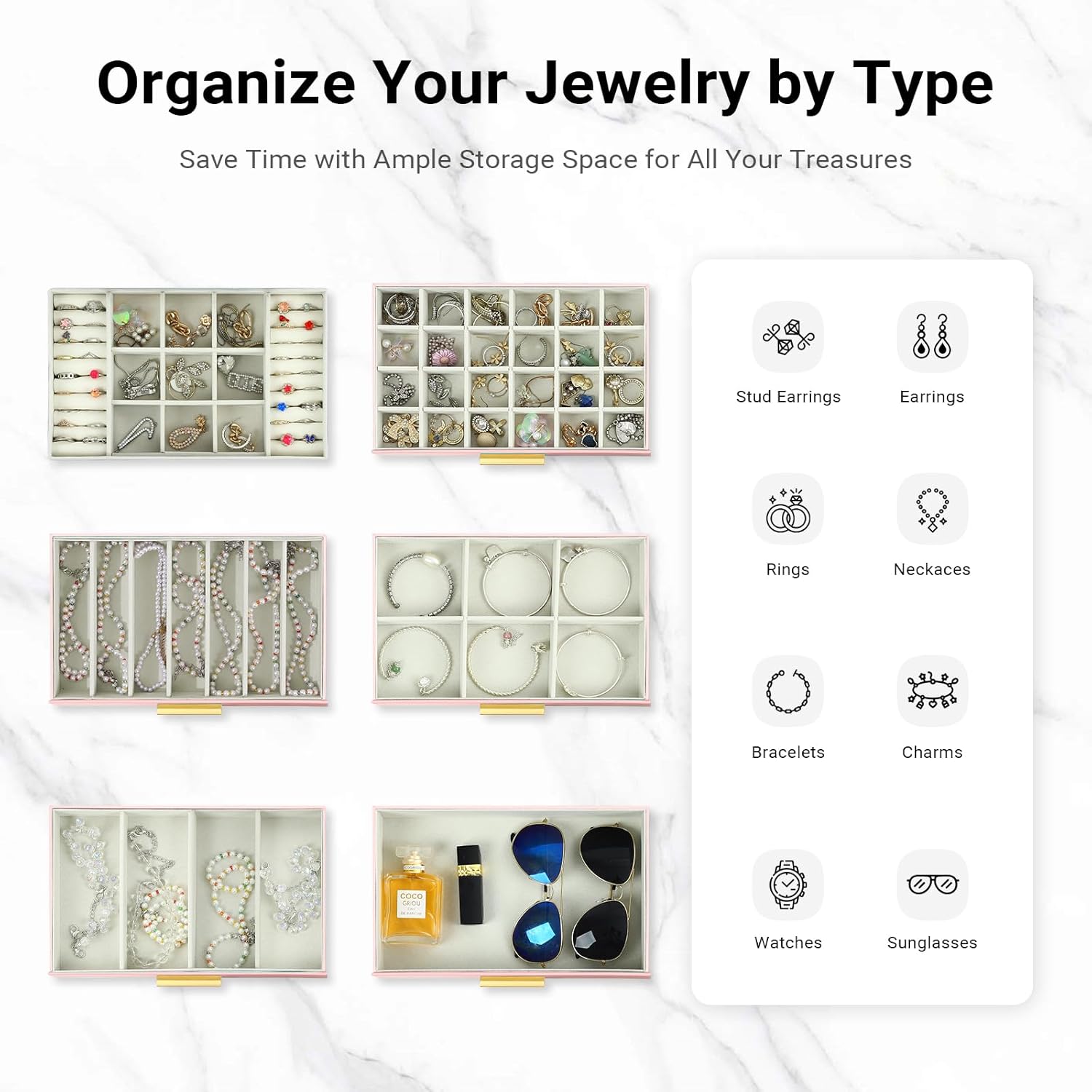 Pink jewelry organizer box with divided sections for rings, necklaces, bracelets and more