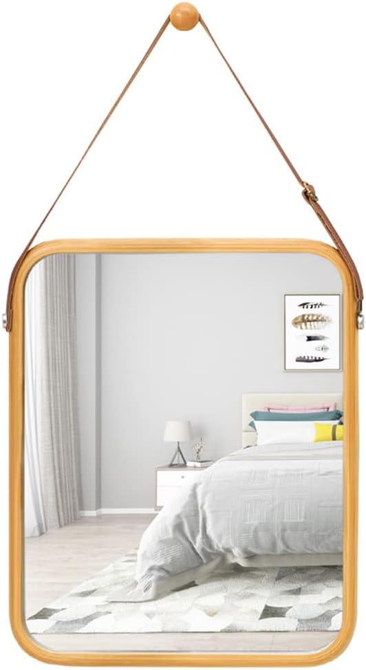 CARLA HOME Hanging Wall Mirror with Bamboo Frame with Adjustable Leather Strap for Bathroom, Bedroom, Vanity or Entryway (40x33 cm)