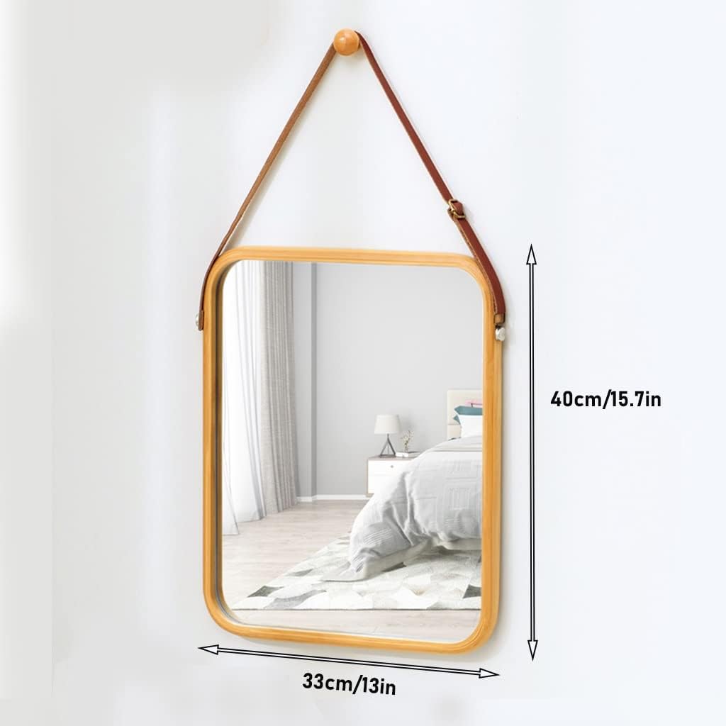 CARLA HOME Hanging Wall Mirror with Bamboo Frame with Adjustable Leather Strap for Bathroom, Bedroom, Vanity or Entryway (40x33 cm)