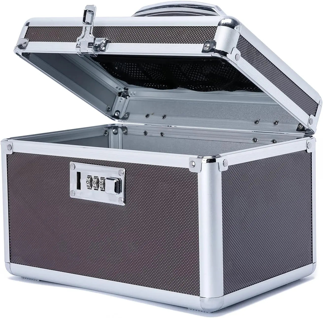 Portable metal medicine storage box with hinged lid and combination lock, dark brown panel.