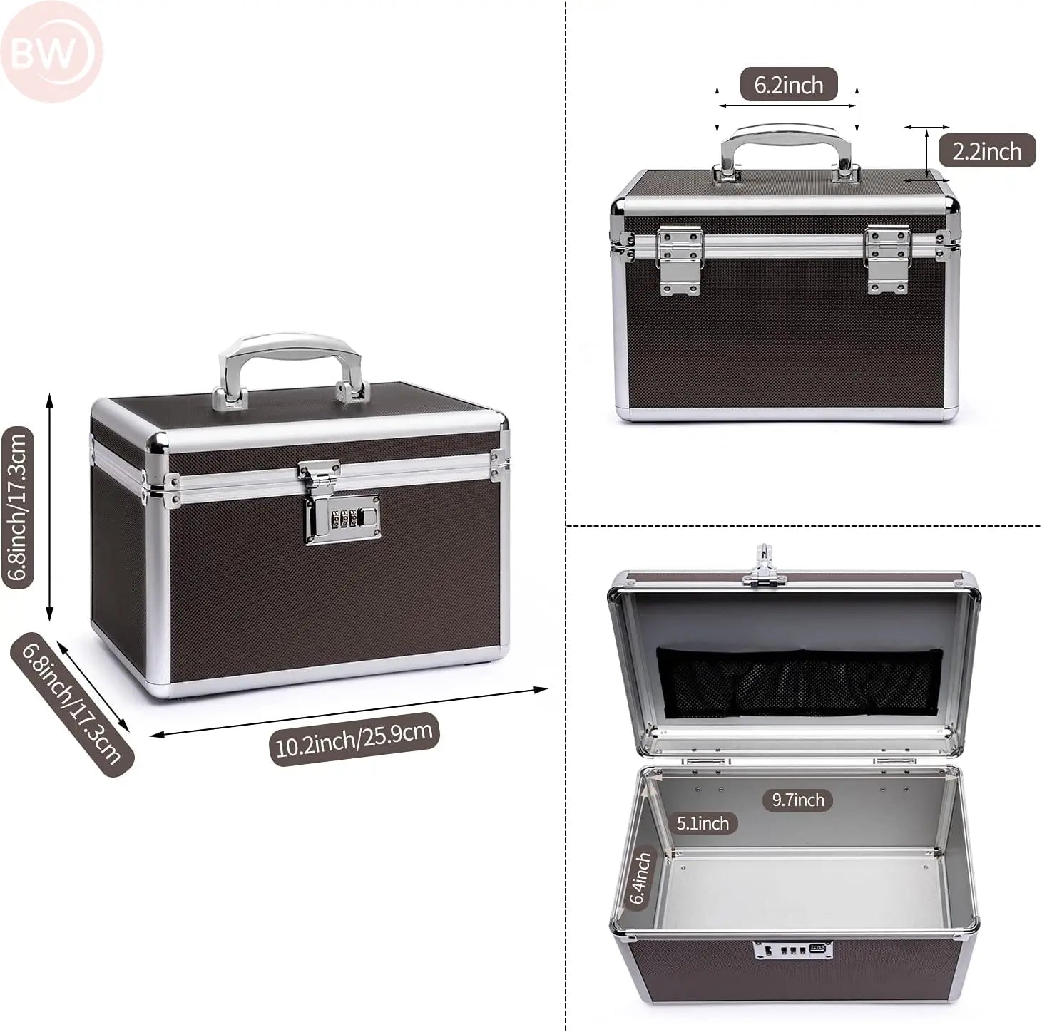 Portable medicine storage case with hinged lid, showing compact dimensions and carrying handle.