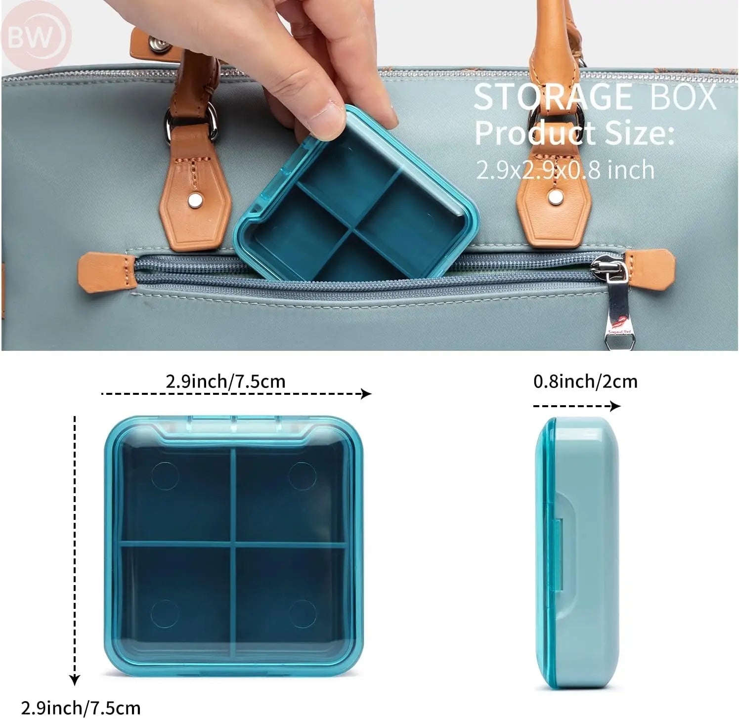 Small medicine storage box with blue lid tray and 4-slot insert, opened.