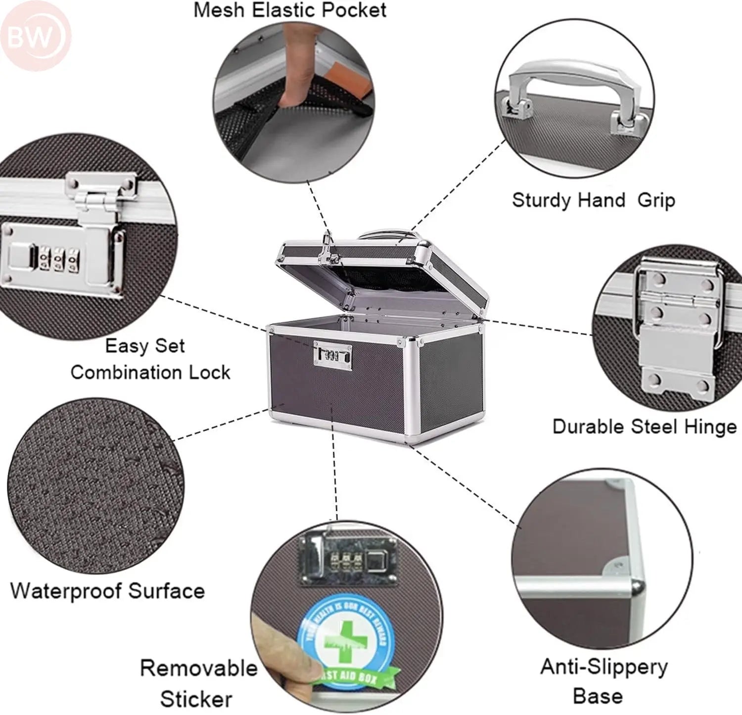 Portable medicine box with combination lock, mesh elastic pocket, and steel hinge details.
