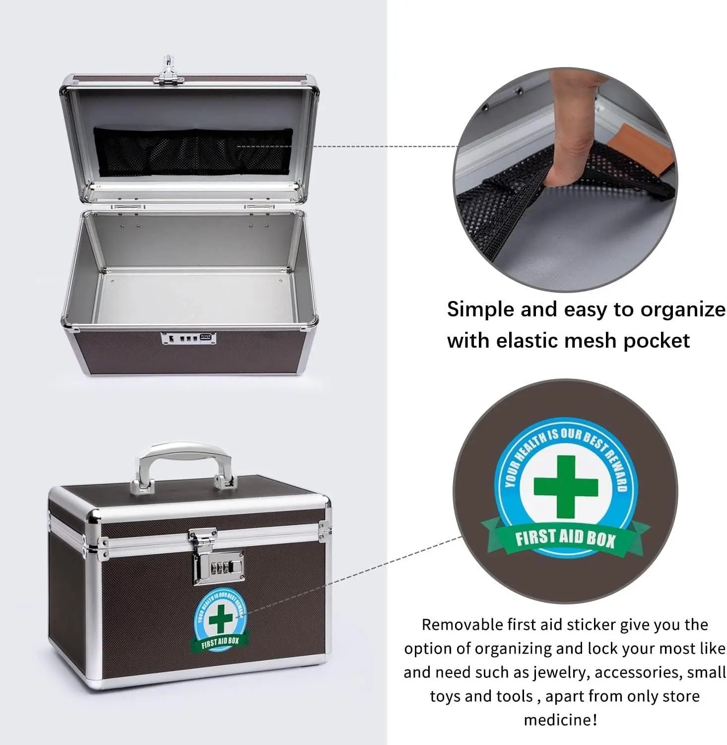 Portable medicine box open with elastic mesh pocket and removable first-aid sticker.
