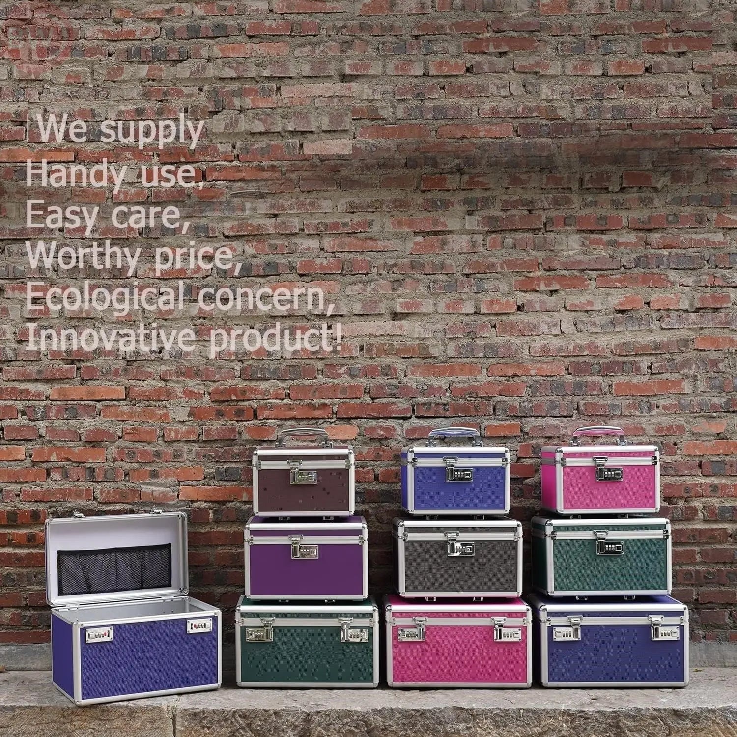 Assorted small medicine storage cases in multiple colors, arranged in a row.