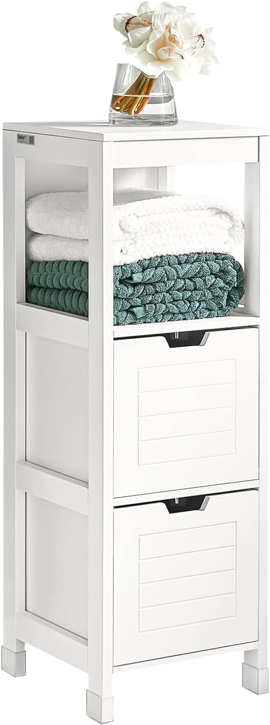 White freestanding cabinet with two drawers, open shelves, and black drawer pulls