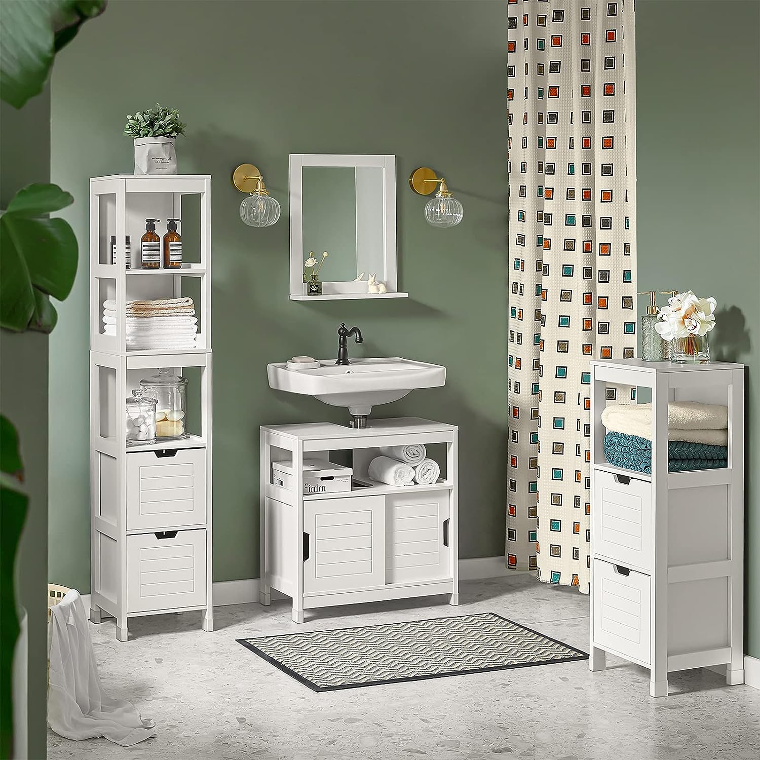 White tall cabinet with multiple open shelves and two drawers