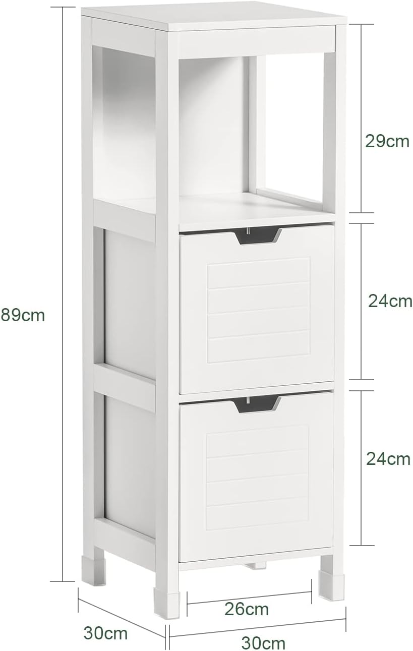 White freestanding cabinet with two drawers and open side shelves, front view