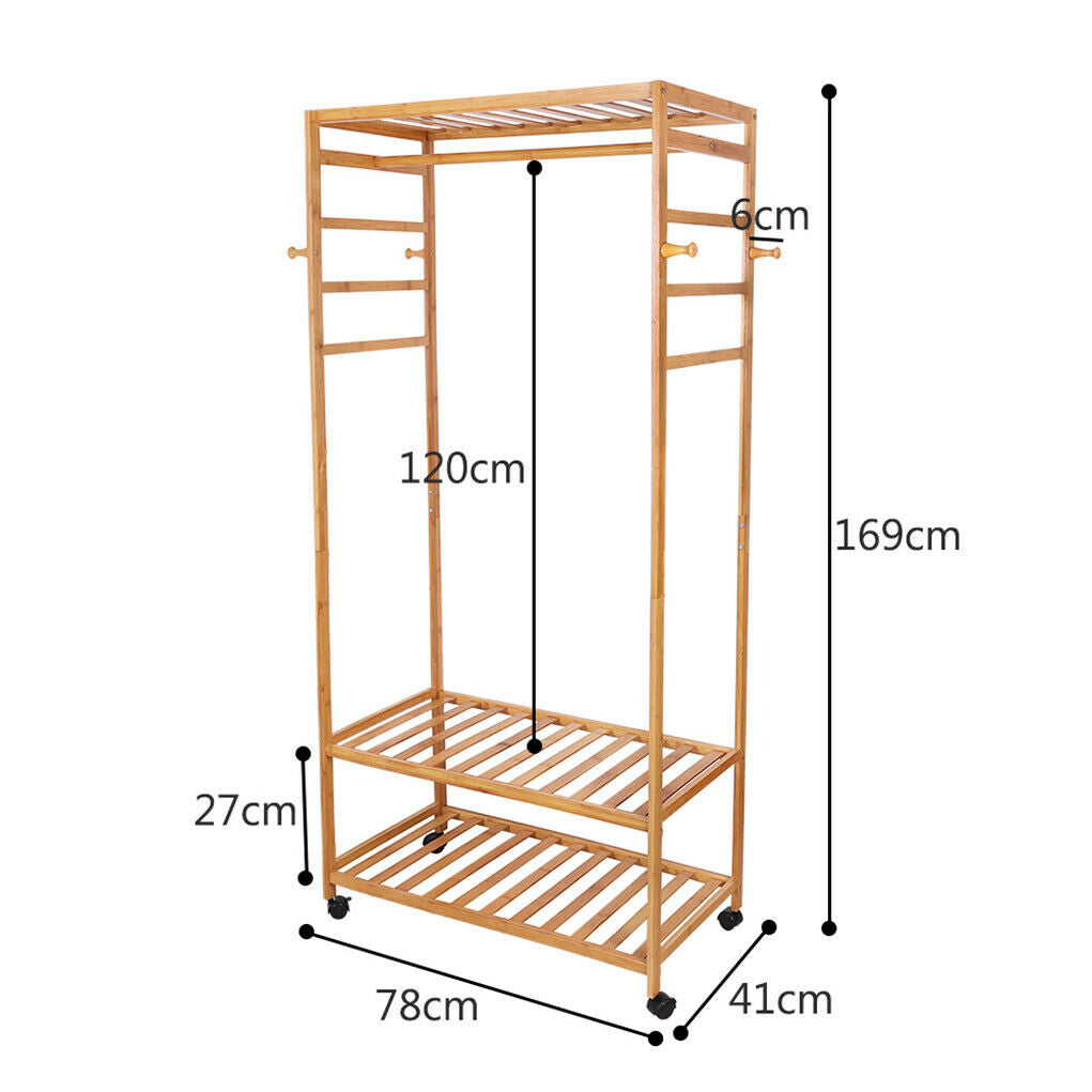 3-Tier Wooden Clothes Rack Rolling Garment Stand w/ Hooks