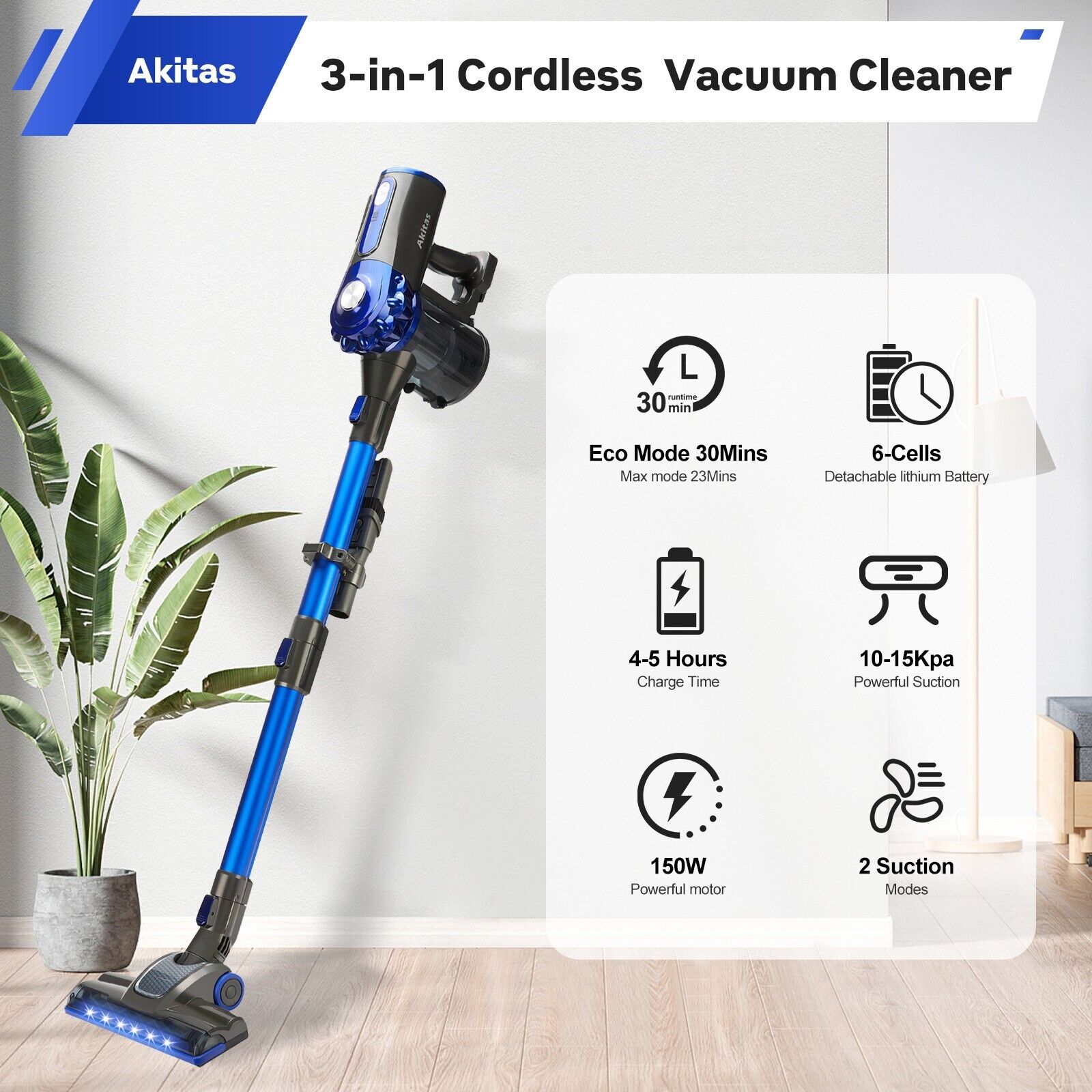 V8 150W Handheld Stick Vacuum Cleaner 40 Min Runtime LED