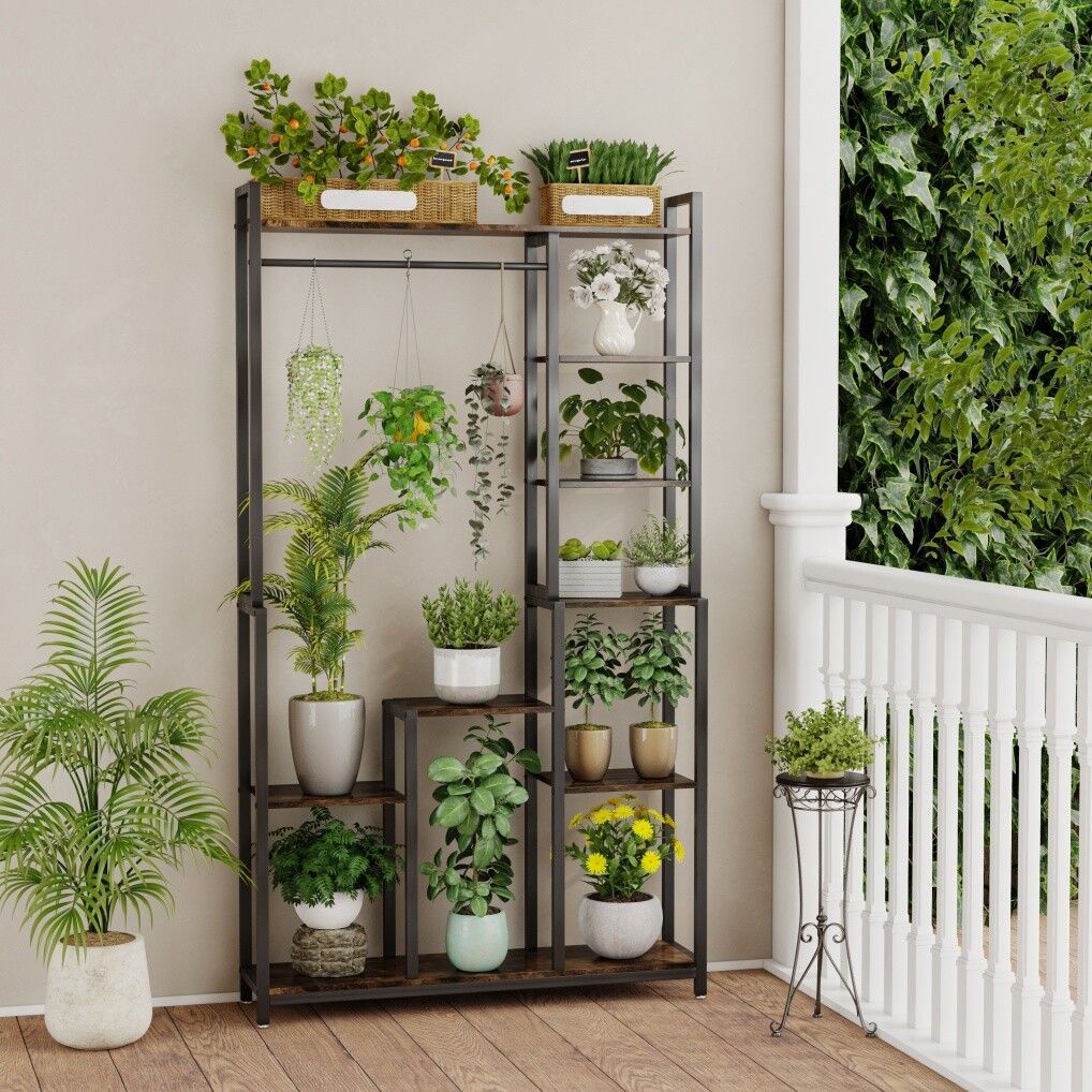 Plant Stand Shelf Rack with Hanging Rod Indoor Outdoor Display