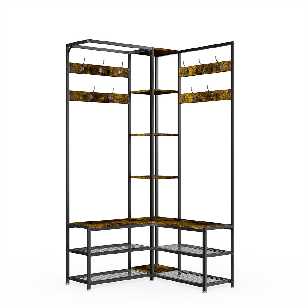 Corner Coat Stand with Shoe Bench Metal & MDF Organizer
