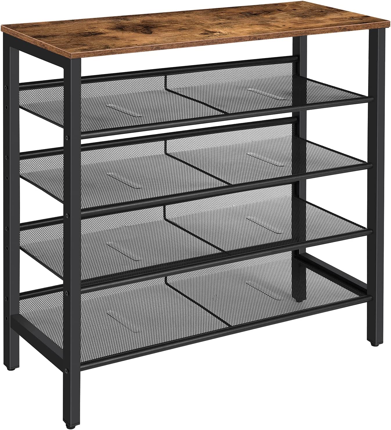 5-tier shoe rack with dark metal frame and brown wood top, mesh side shelves