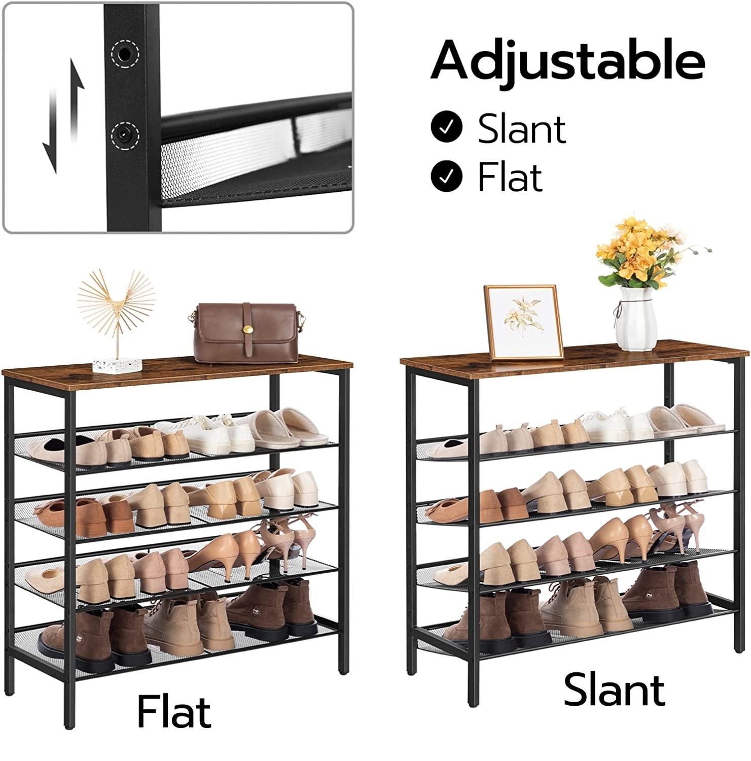 Shoe rack with adjustable slanted or flat wire shelves for different shoe types