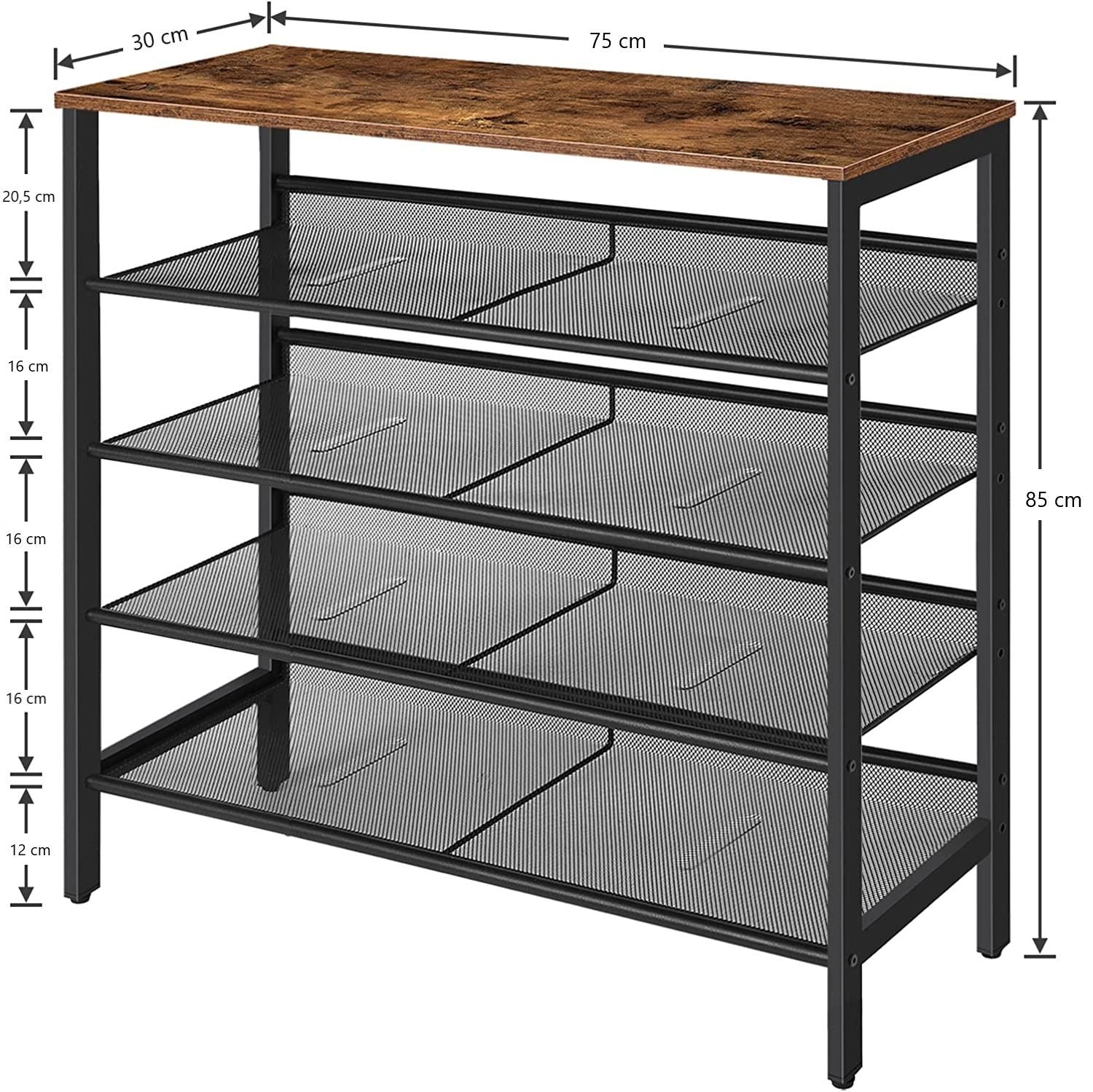 5-tier shoe rack with brown wood top and dark metal mesh shelves