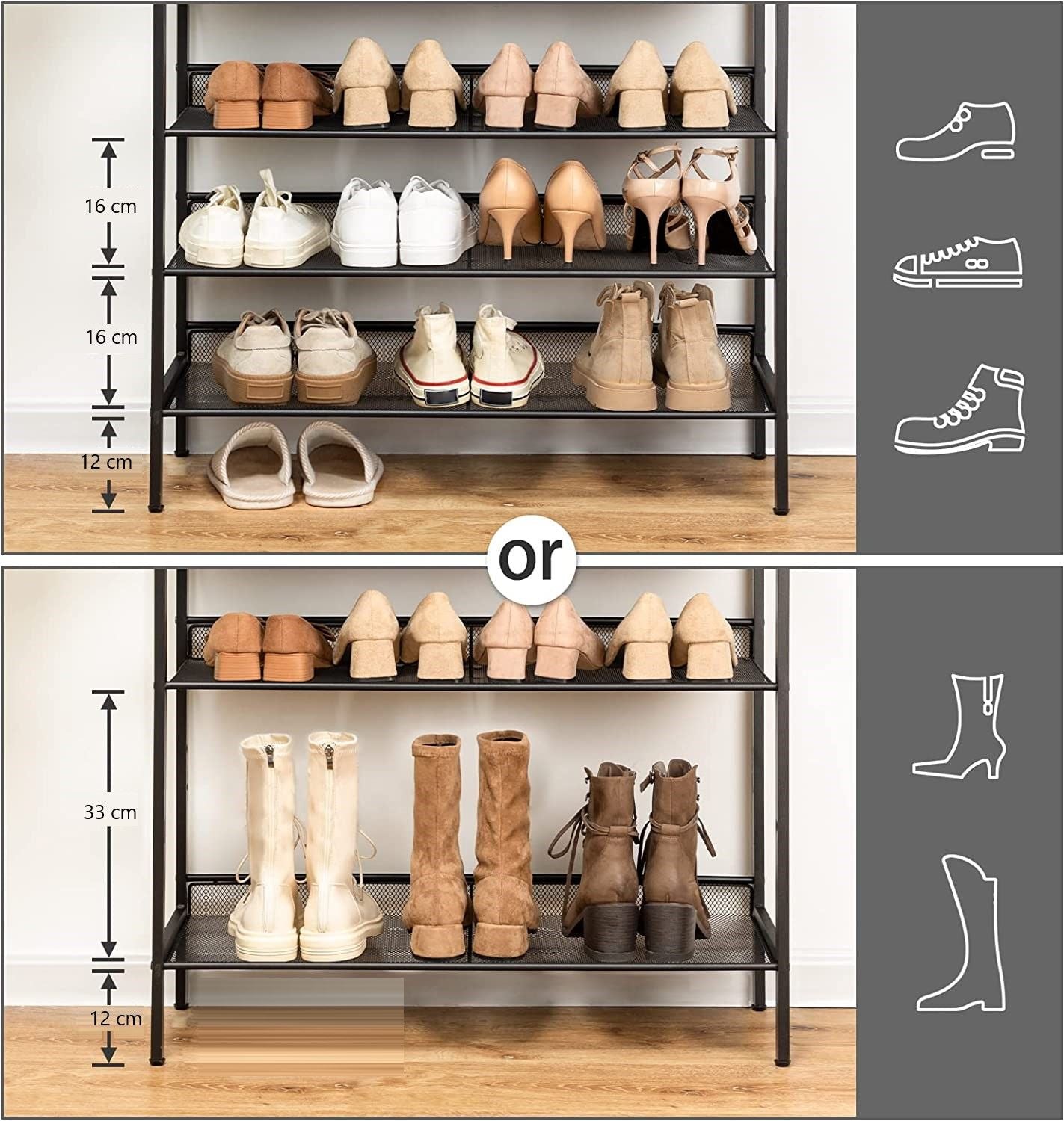 Shoe rack showing shoe slots with slanted and flat display levels