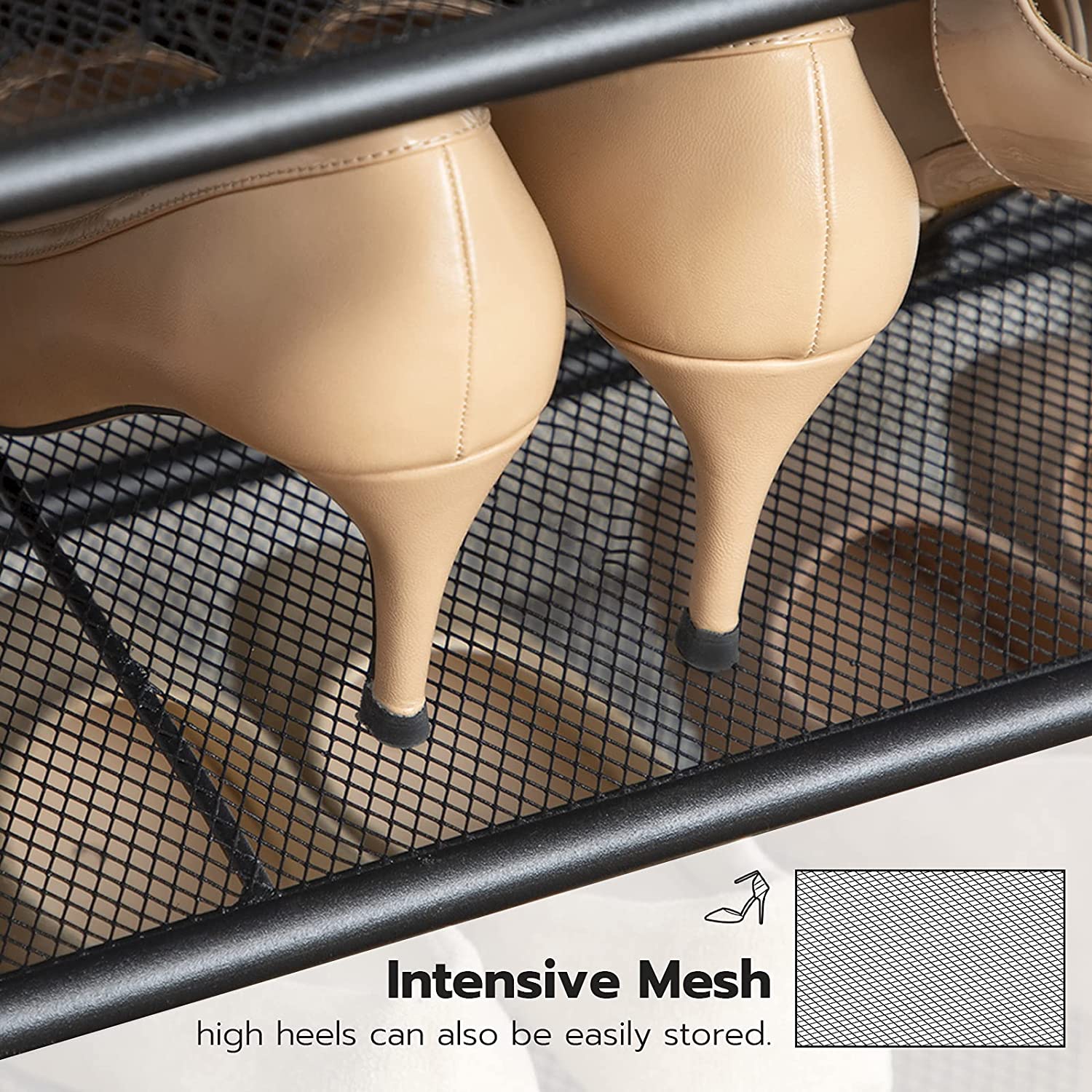 Metal mesh shelf for storing high heels and shoes on a 5-tier shoe rack