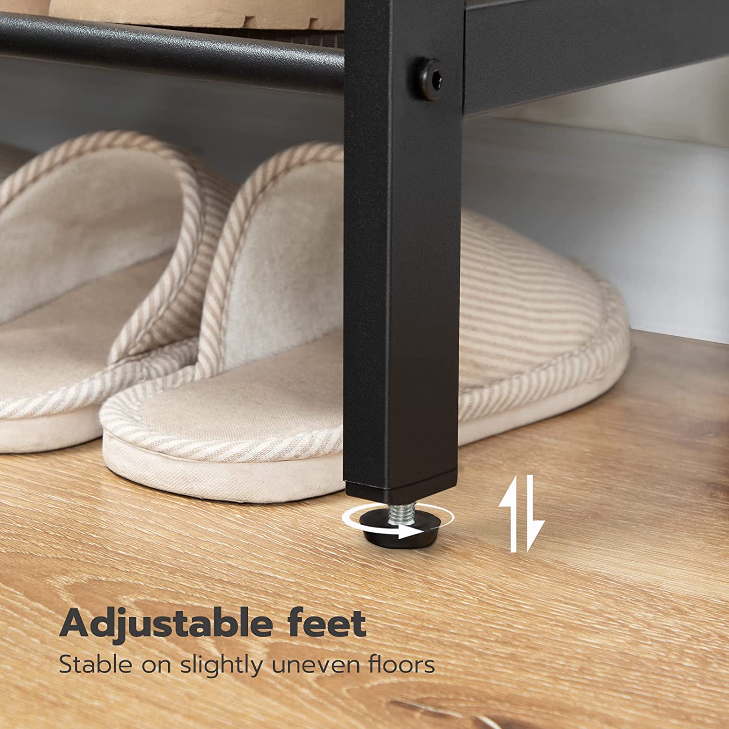 Shoe rack corner with adjustable leveling feet for stable use on uneven floors