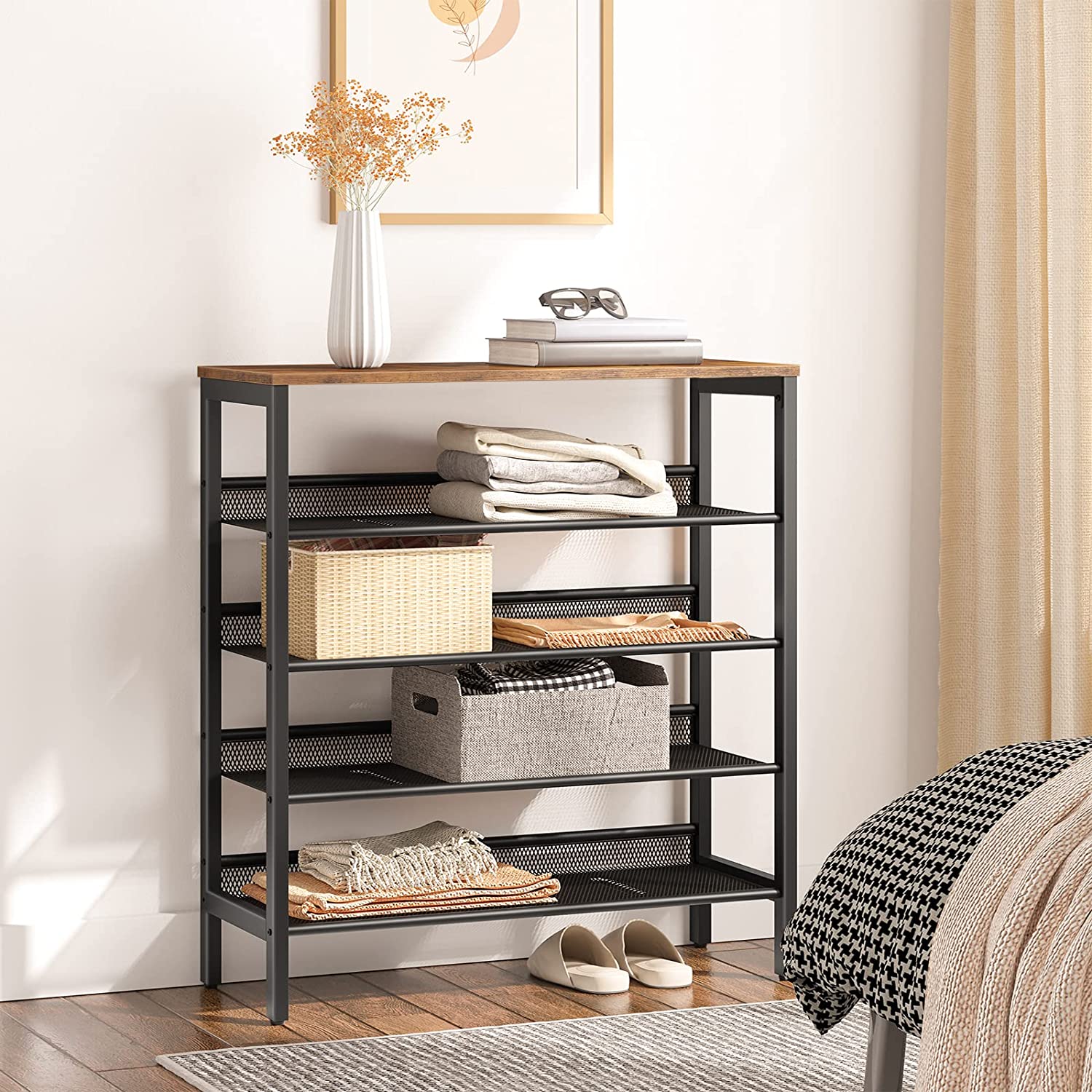 Shoe rack with open 5-tier storage shelves holding shoes, bags, and bins