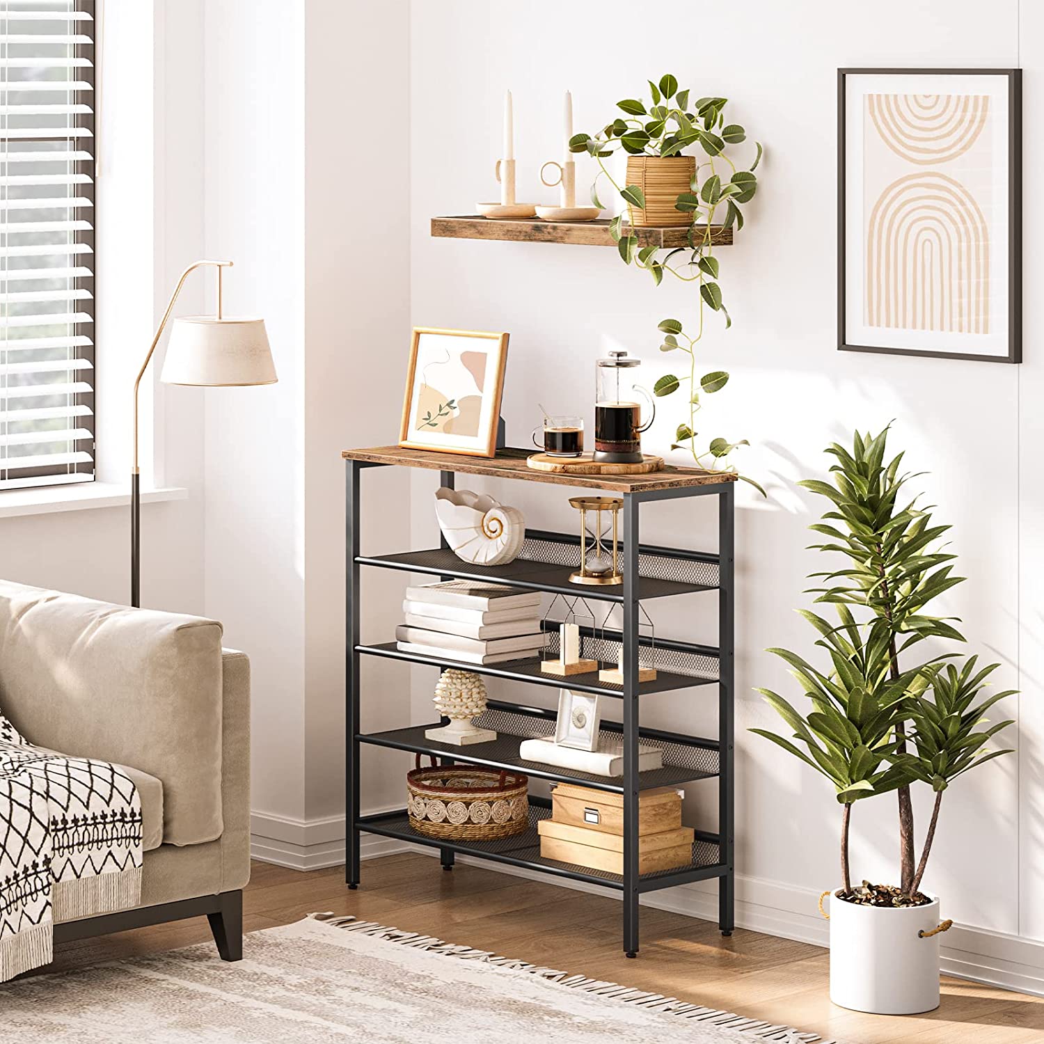 Shoe organizer bench with 5-tier shelving and dark metal frame
