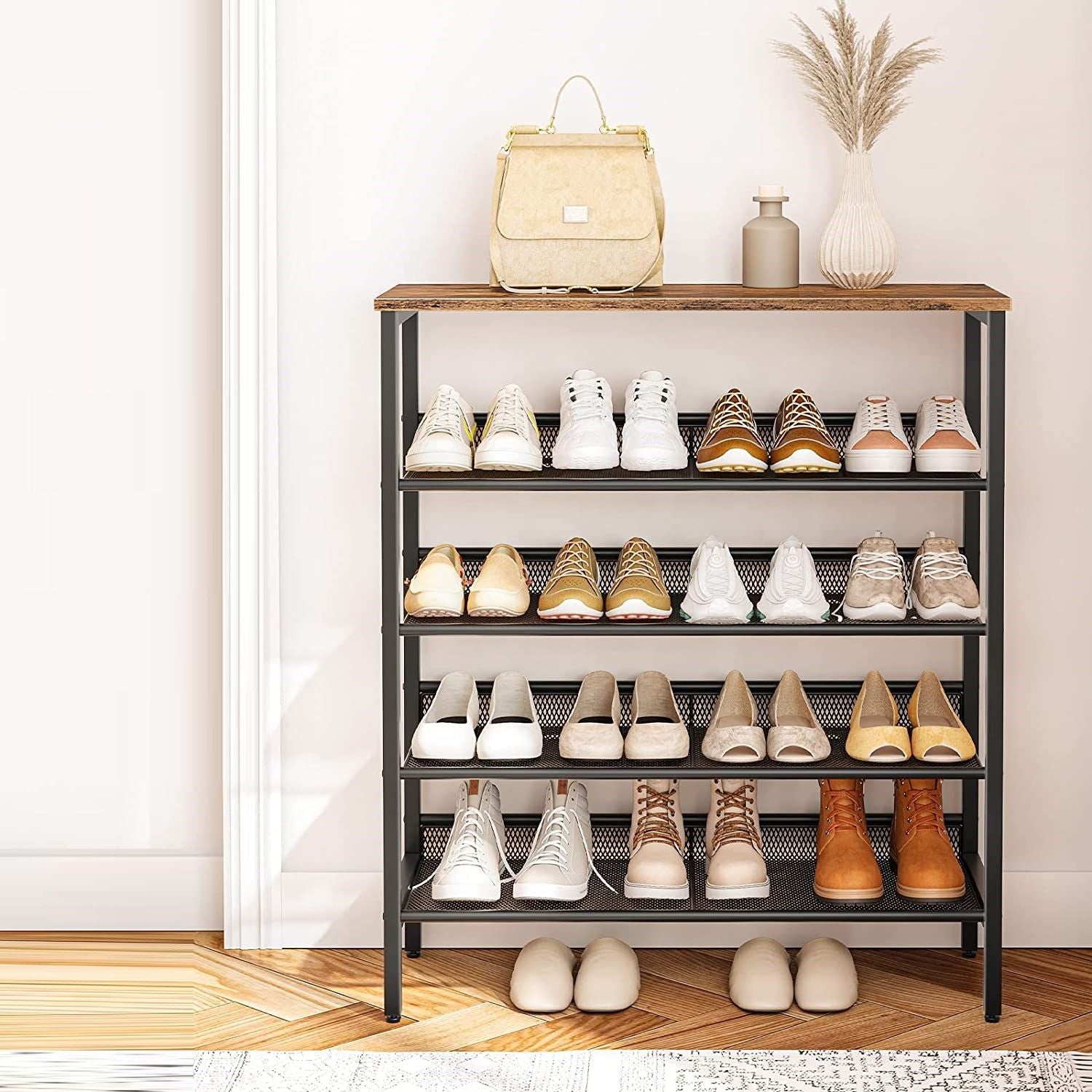 5-tier shoe rack with dark metal frame displaying mixed shoe styles