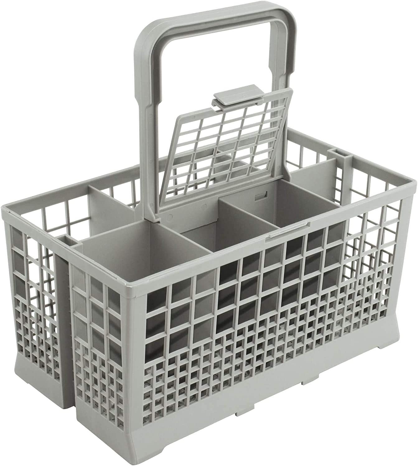 Dishwasher cutlery basket with handle, divided compartments and vented grid sides.