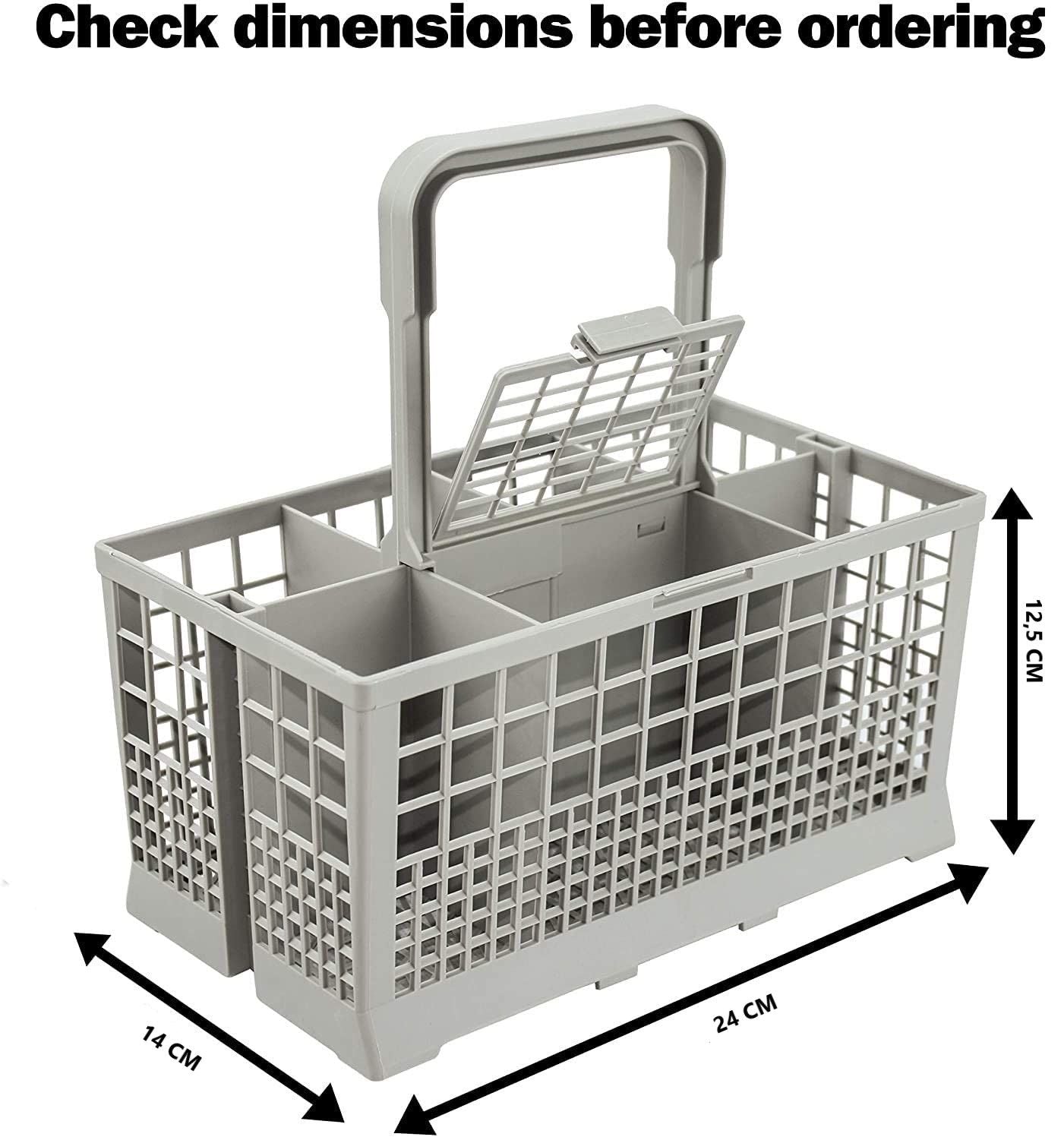 Dishwasher cutlery basket with handle and rectangular compartments, vented grid walls.
