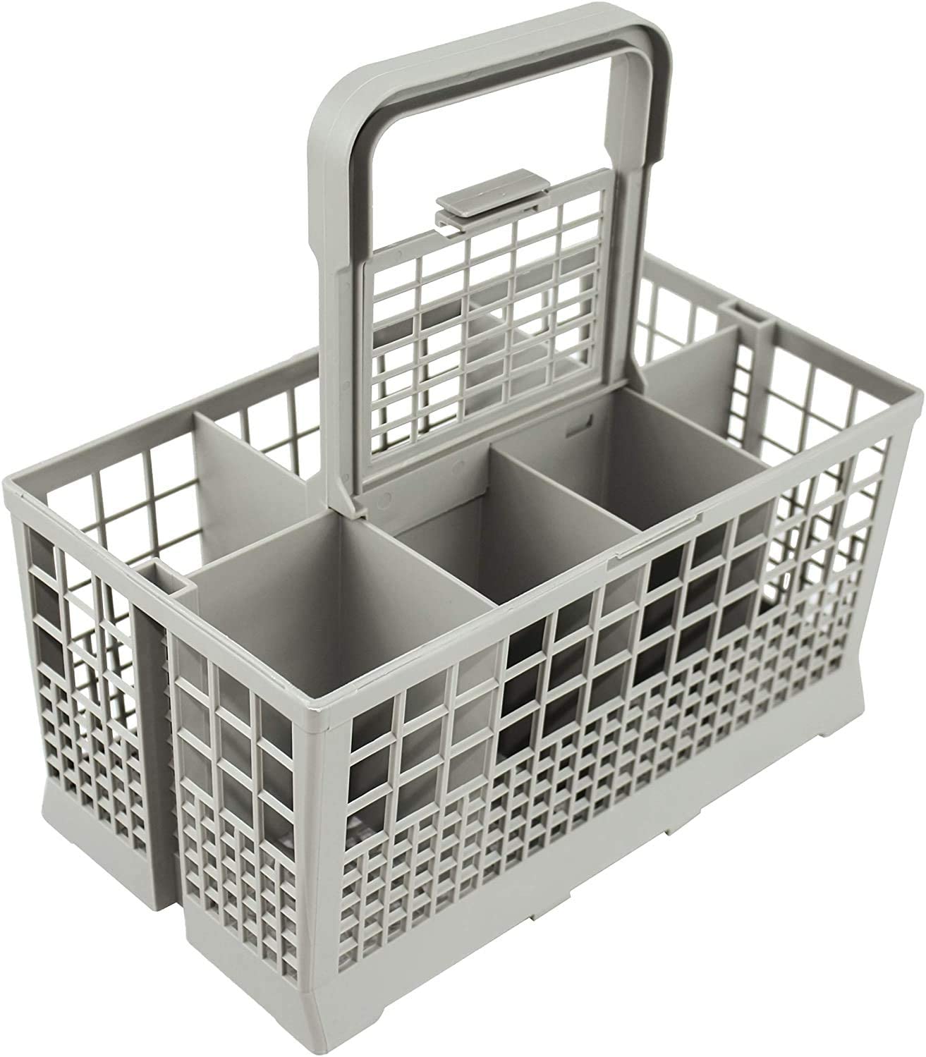 Dishwasher cutlery basket with handle and three interior compartments, open grid design.