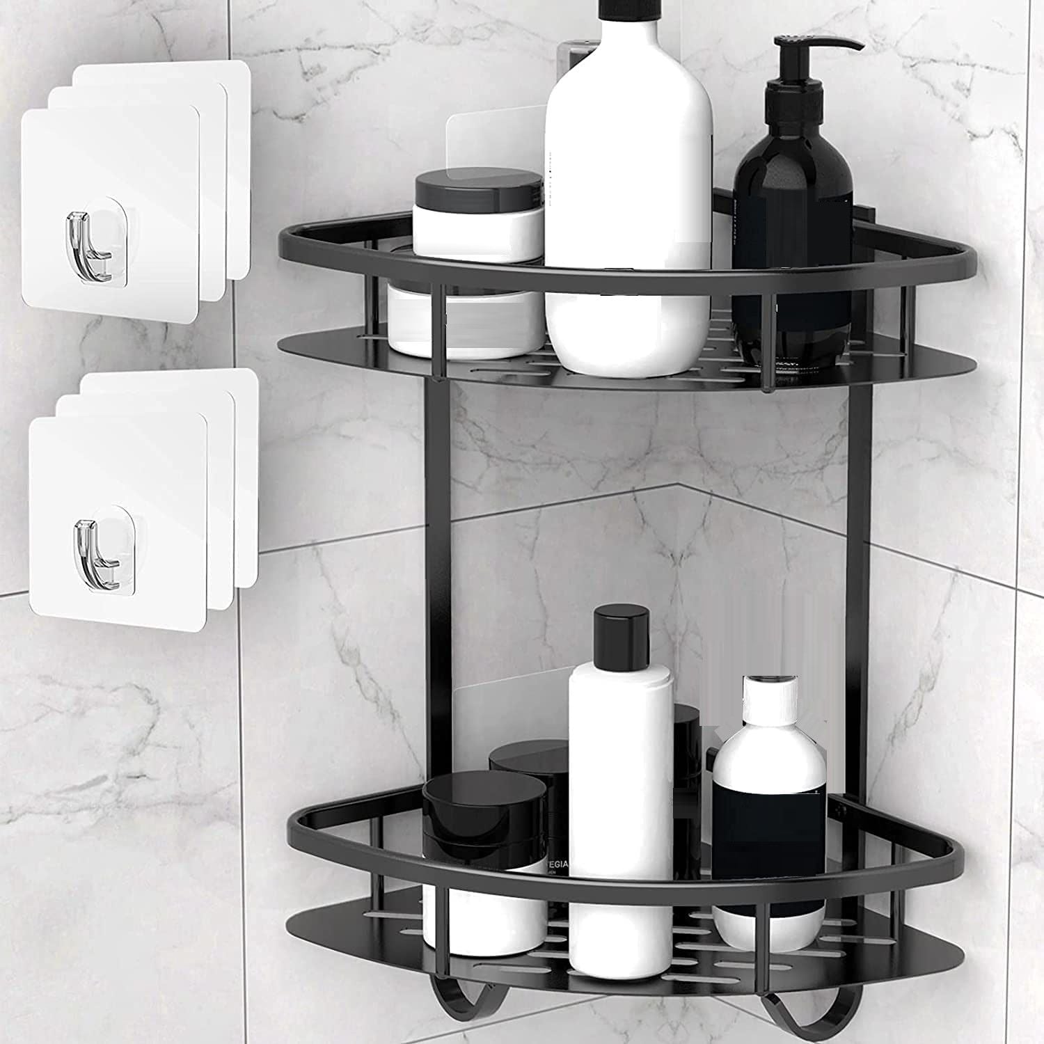 Black two-tier corner shower caddy with adhesive mounting hooks, 2 pack