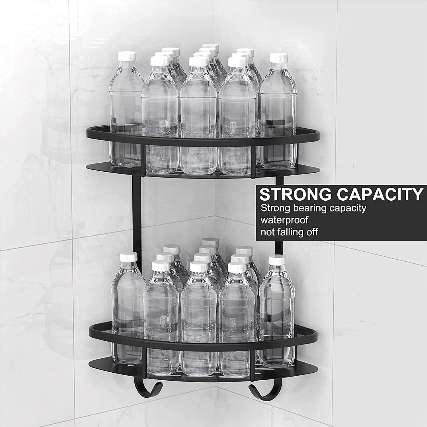 Black double-shelf shower caddy corner rack with S-hooks for bathroom storage