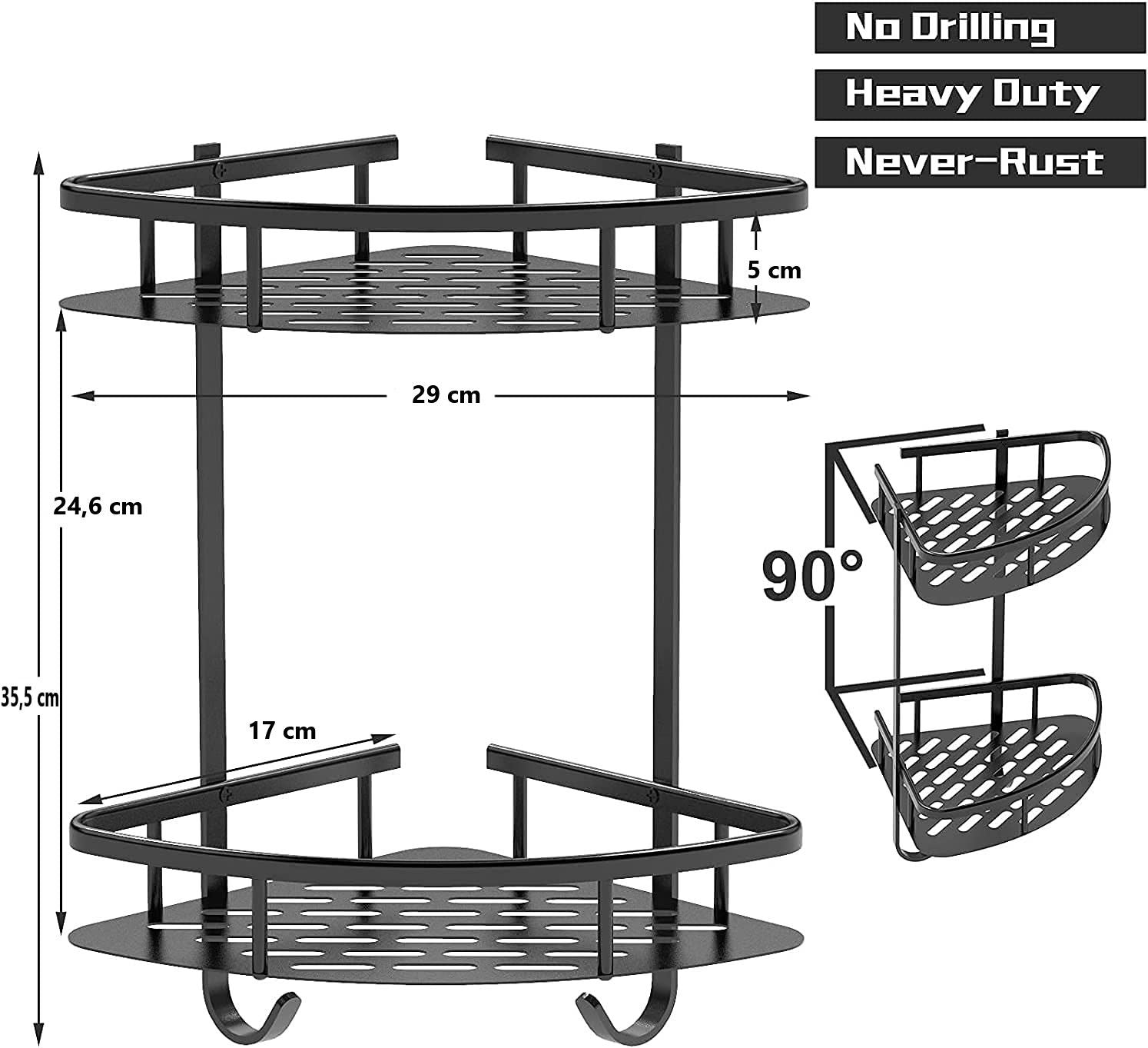 Black corner shower caddy with two metal shelves and U-shaped support hooks