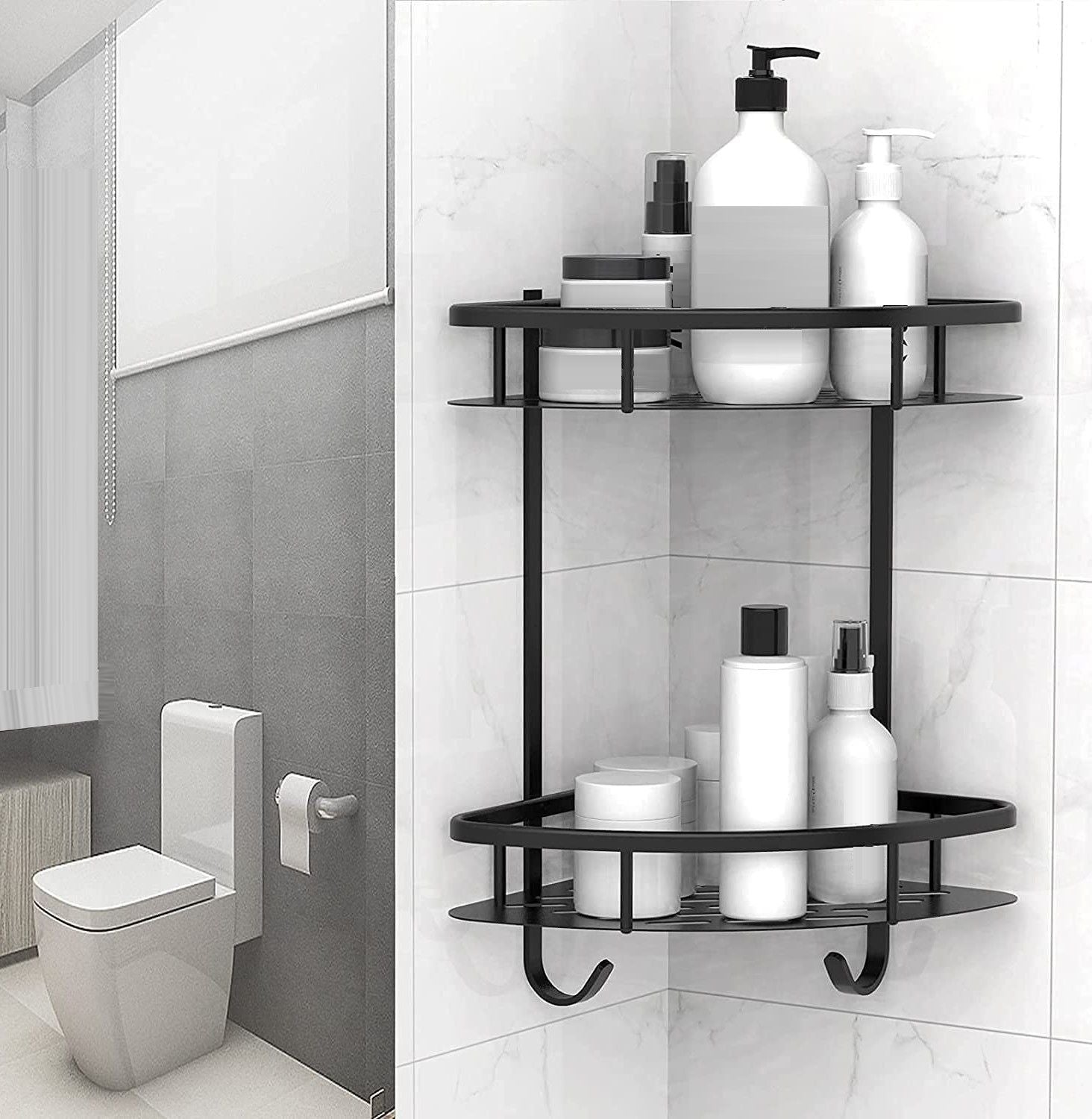 Black two-tier corner shower caddy adhesive shelf rack for bathroom toiletries