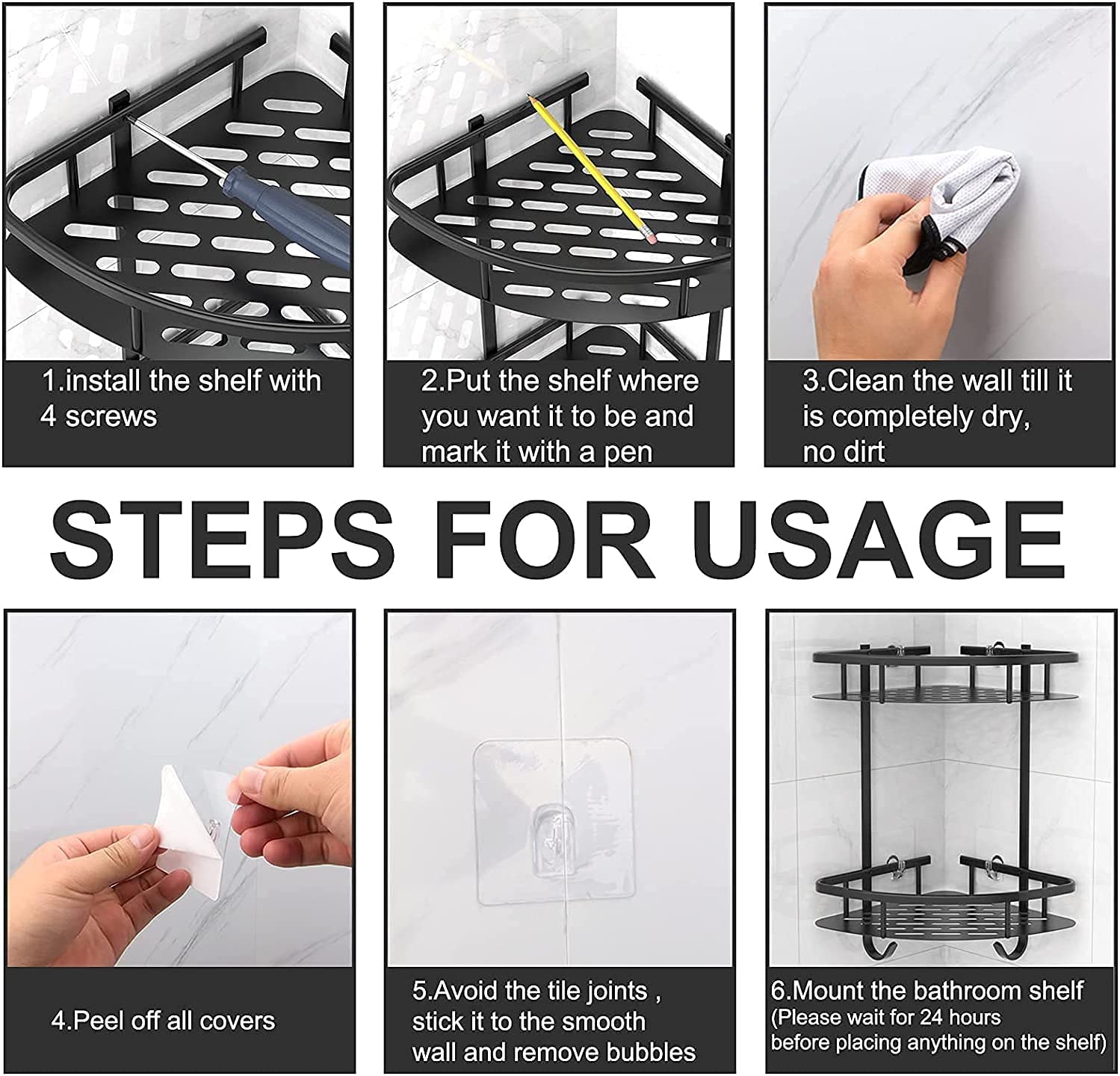 Black corner adhesive shower caddy with two shelves and mounting accessories