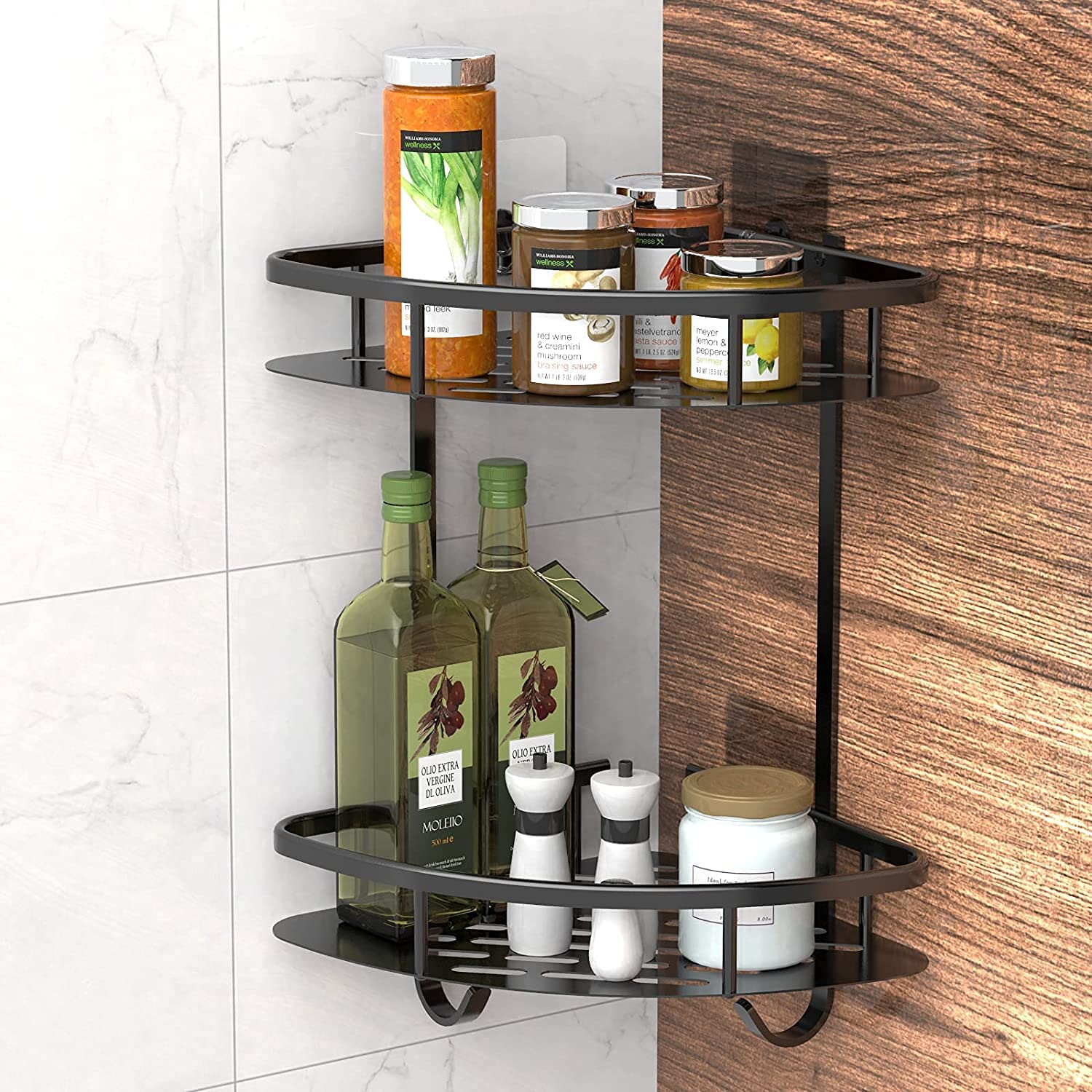 Black two-tier corner shower caddy rack holding bottles and jars in bathroom