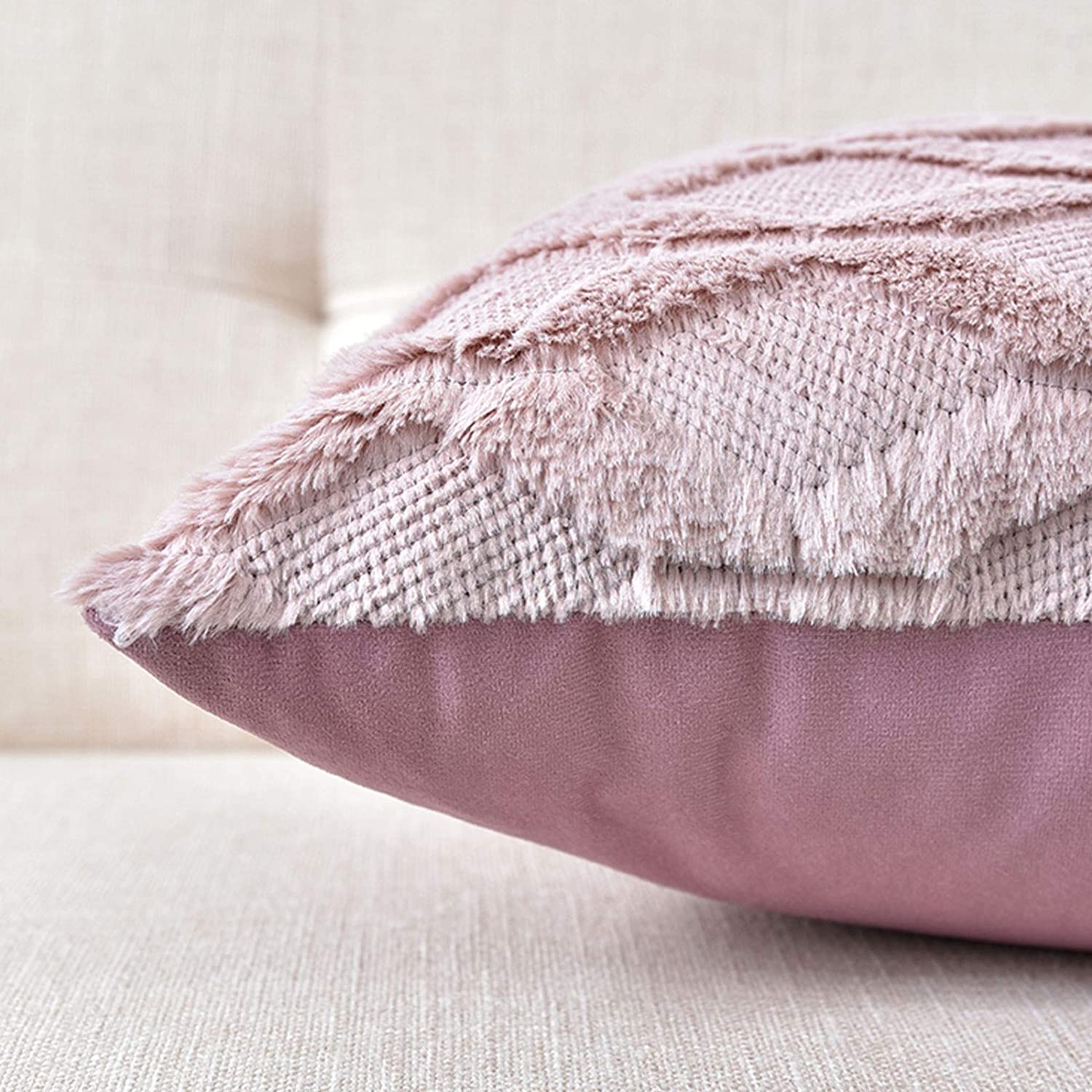 Pink textured pillow cover with fringed edge and matching solid back