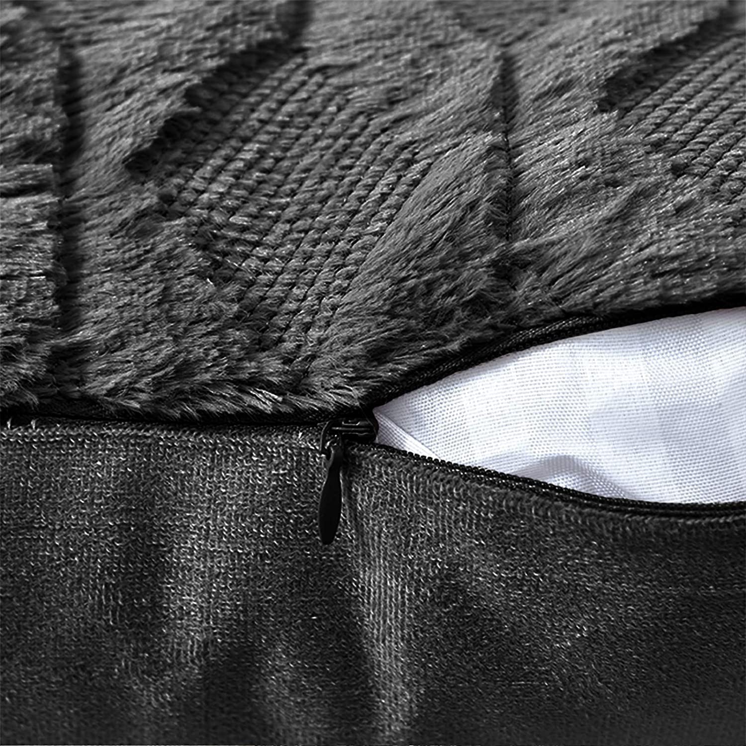 Black pillow cover close-up of zipper opening and textured fabric