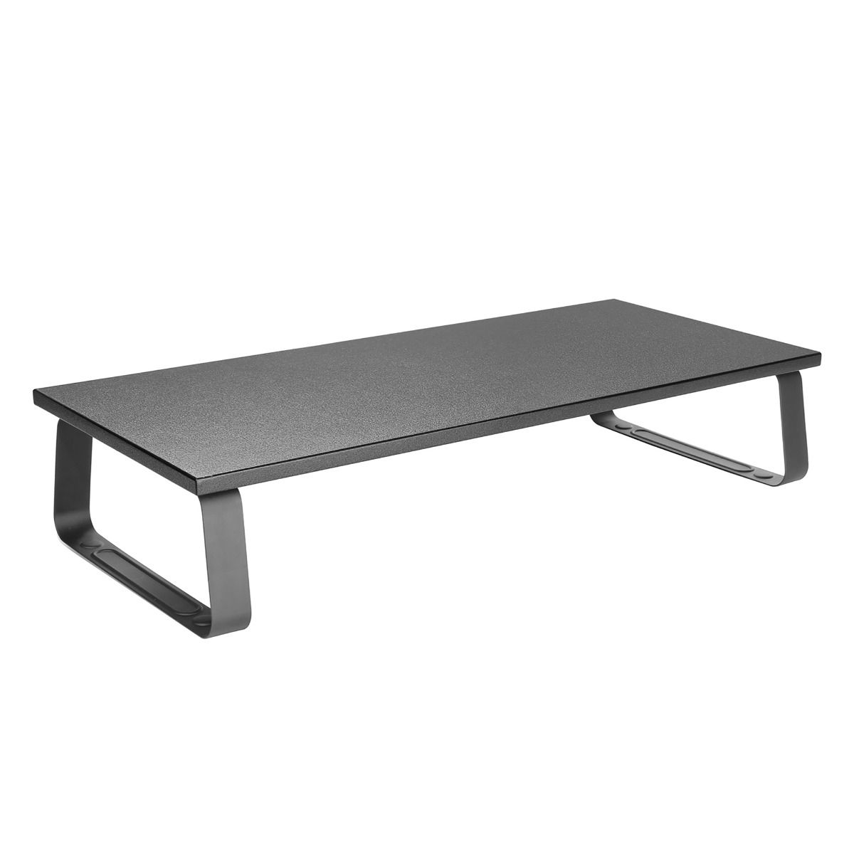 Black monitor stand riser with textured top and curved metal side supports