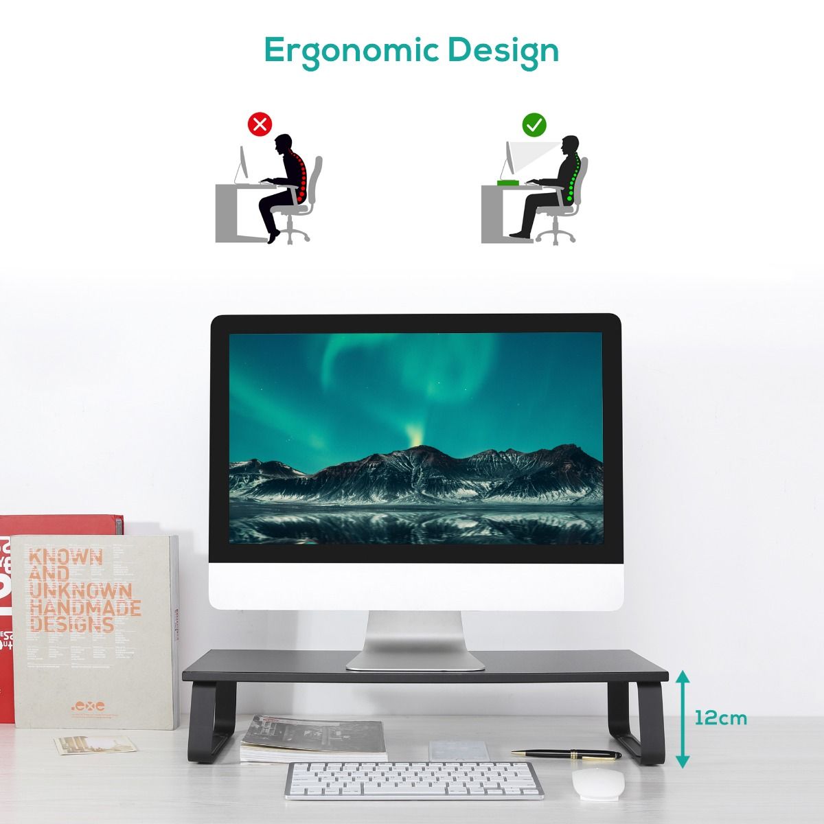 Black monitor stand riser elevating a computer monitor above the desk