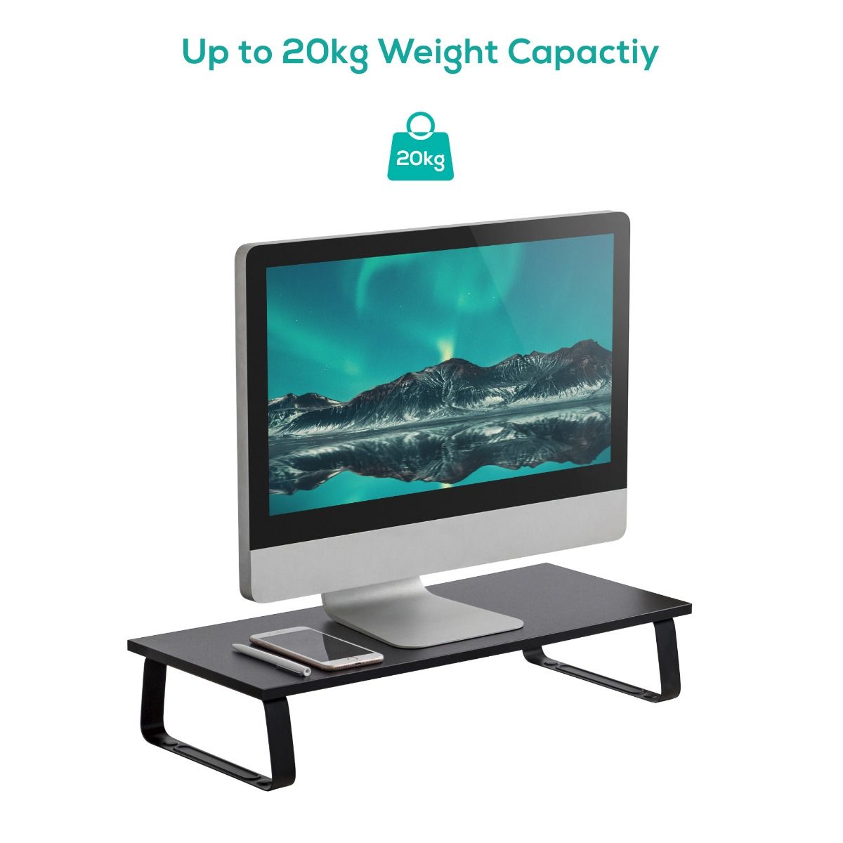 Black monitor stand riser supporting up to 20kg with textured top and steel legs