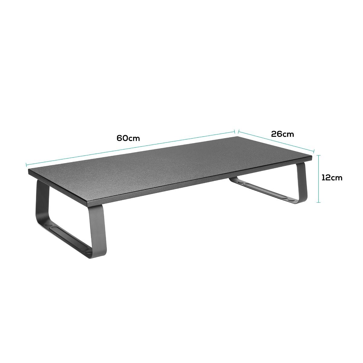 Black monitor stand riser, 60cm x 26cm x 12cm, textured top with metal legs