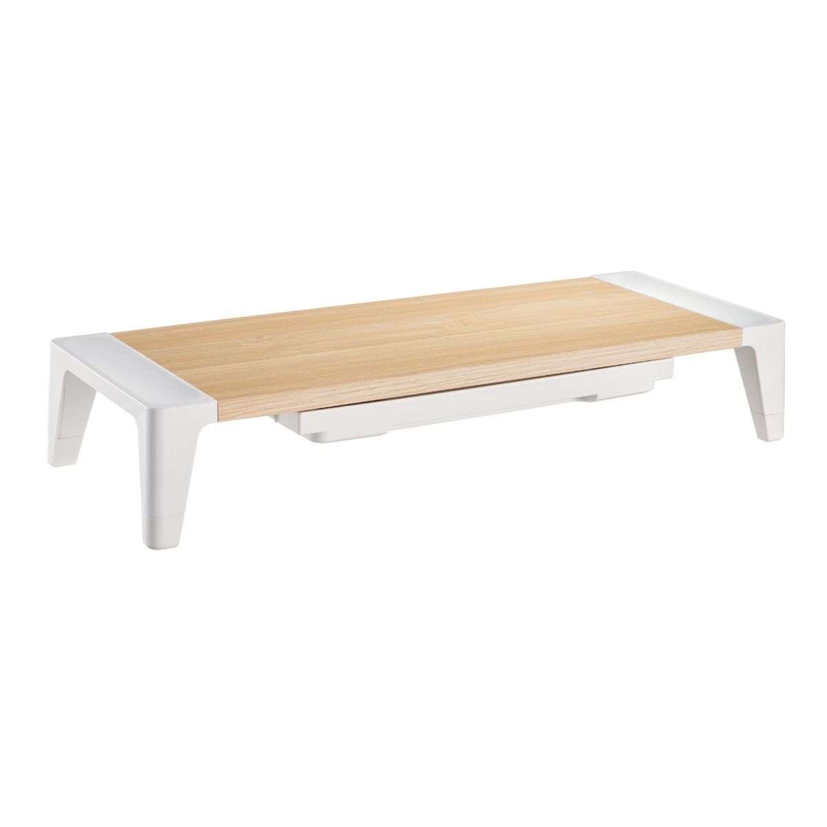 activiva Ergolife monitor stand riser with storage drawer, light wood top and white legs