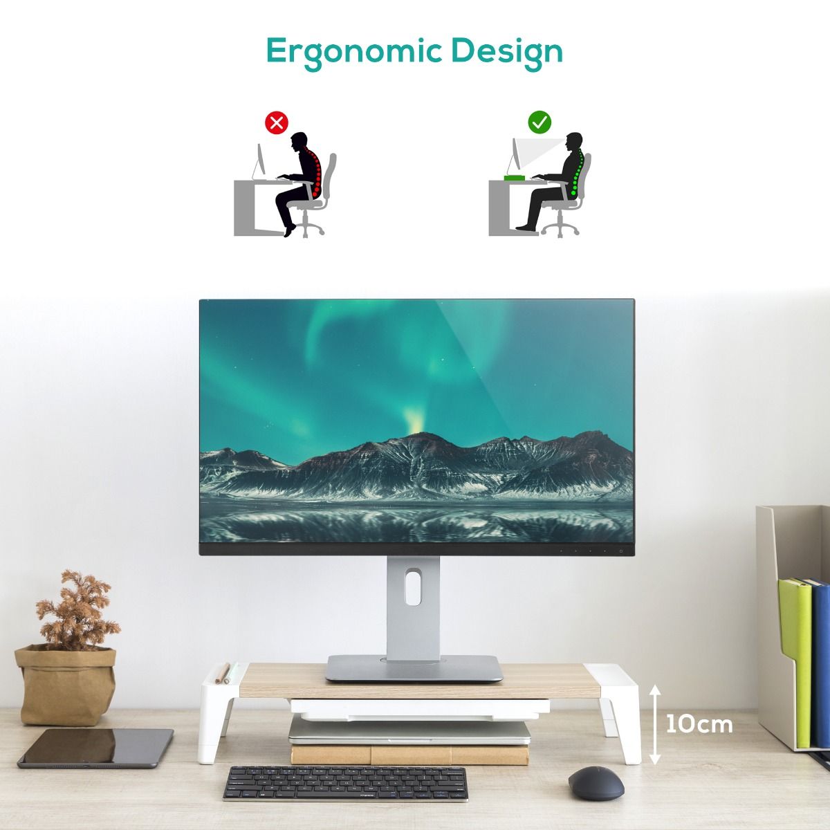 monitor stand riser with storage drawer holding a monitor, light wood top and white legs