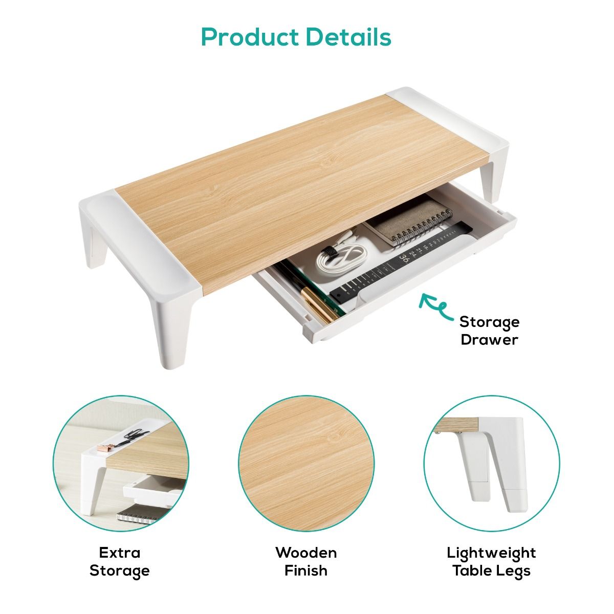 monitor stand with open storage drawer, light wood top, showing compartments